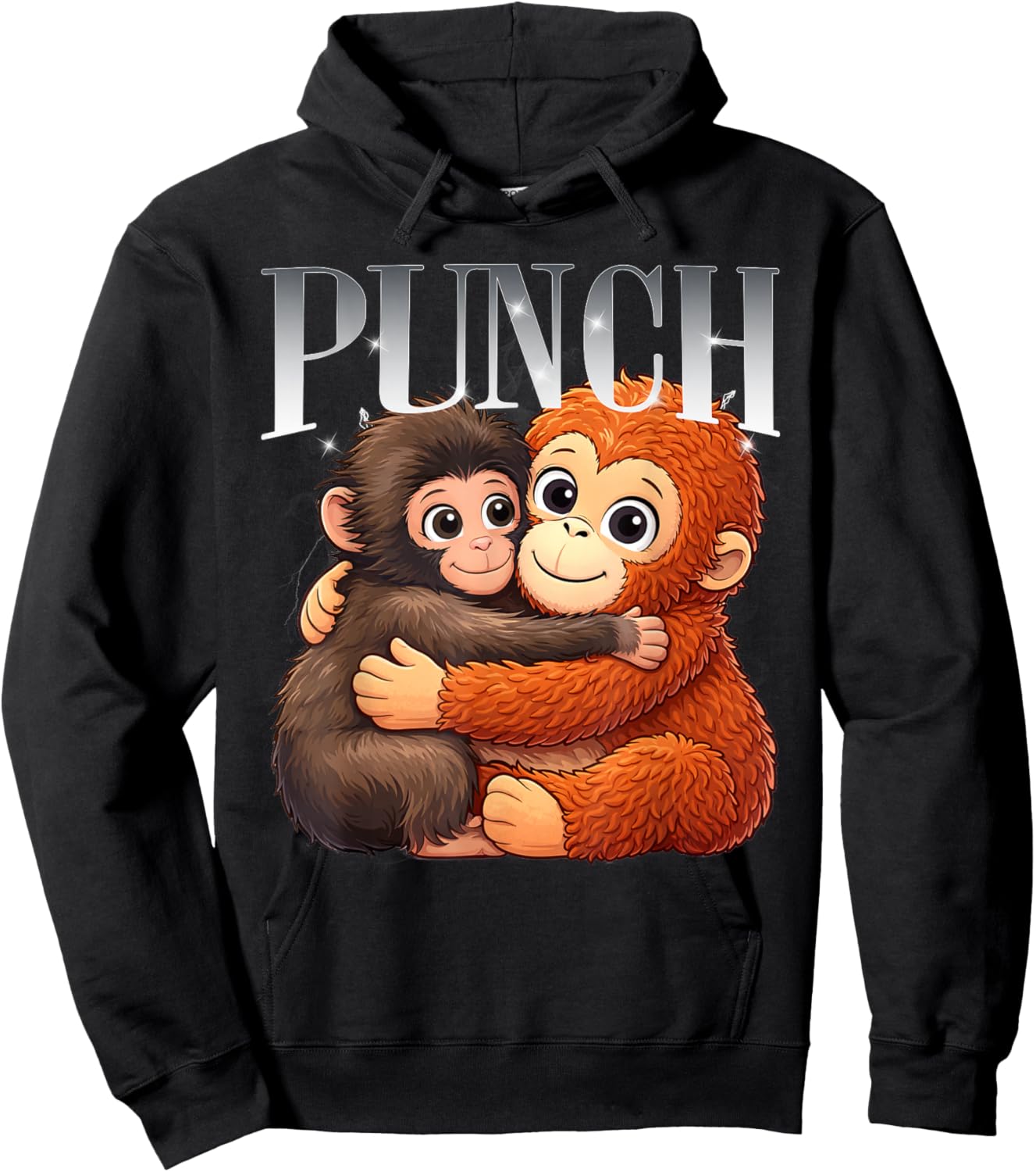 Punch Cute Hugging Baby Monkeys Cartoon Art Hoodie - Hoodie | Black