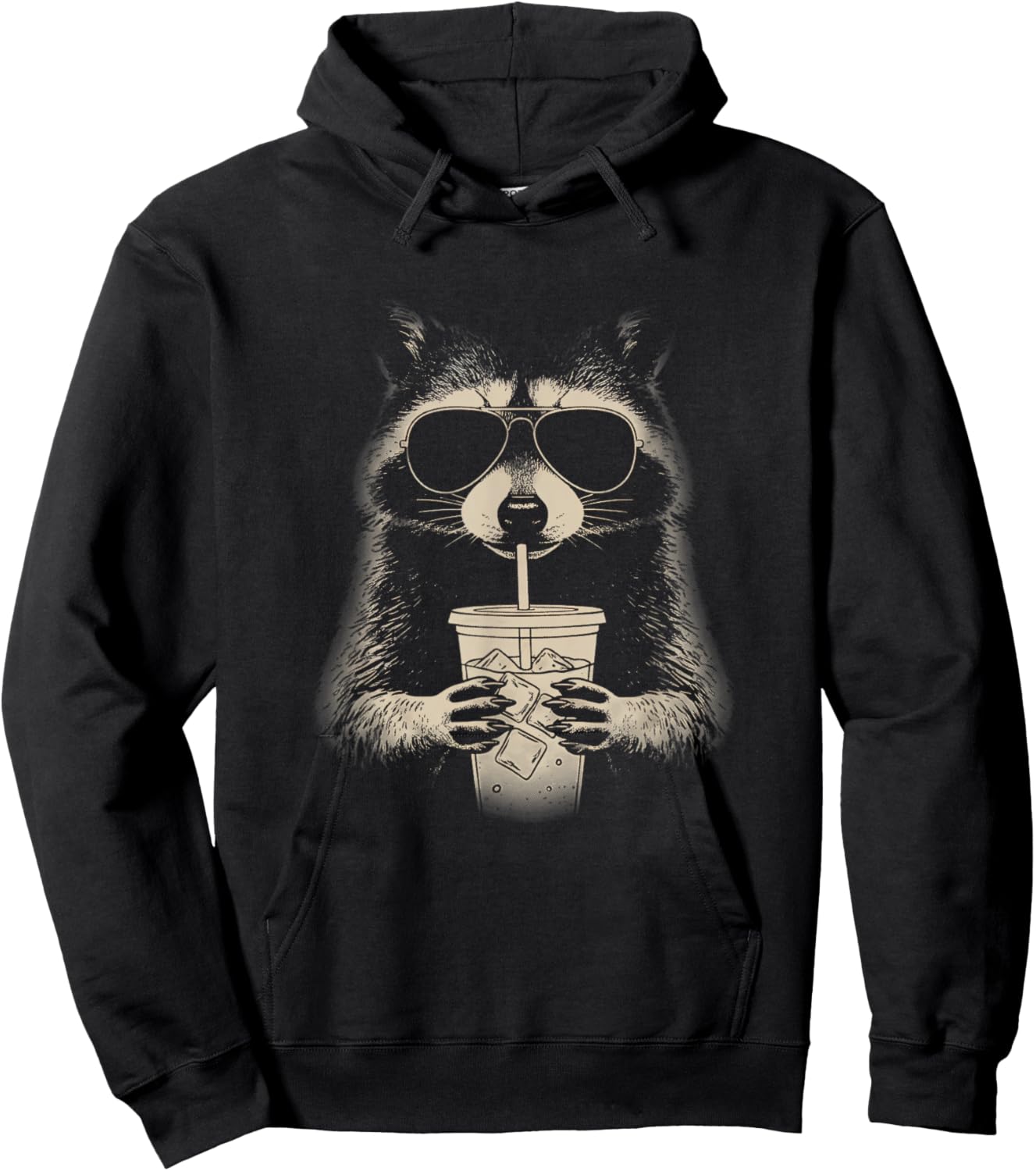 Raccoon Drinking Iced Coffee Meme Face Y2K Grunge Graphic Hoodie - Hoodie | Black