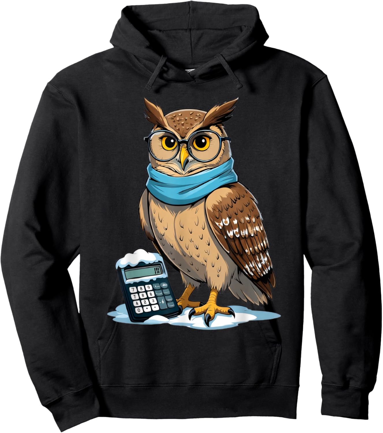 Cartoon Owl with Glasses and Calculator in Snow Hoodie - Hoodie | Black