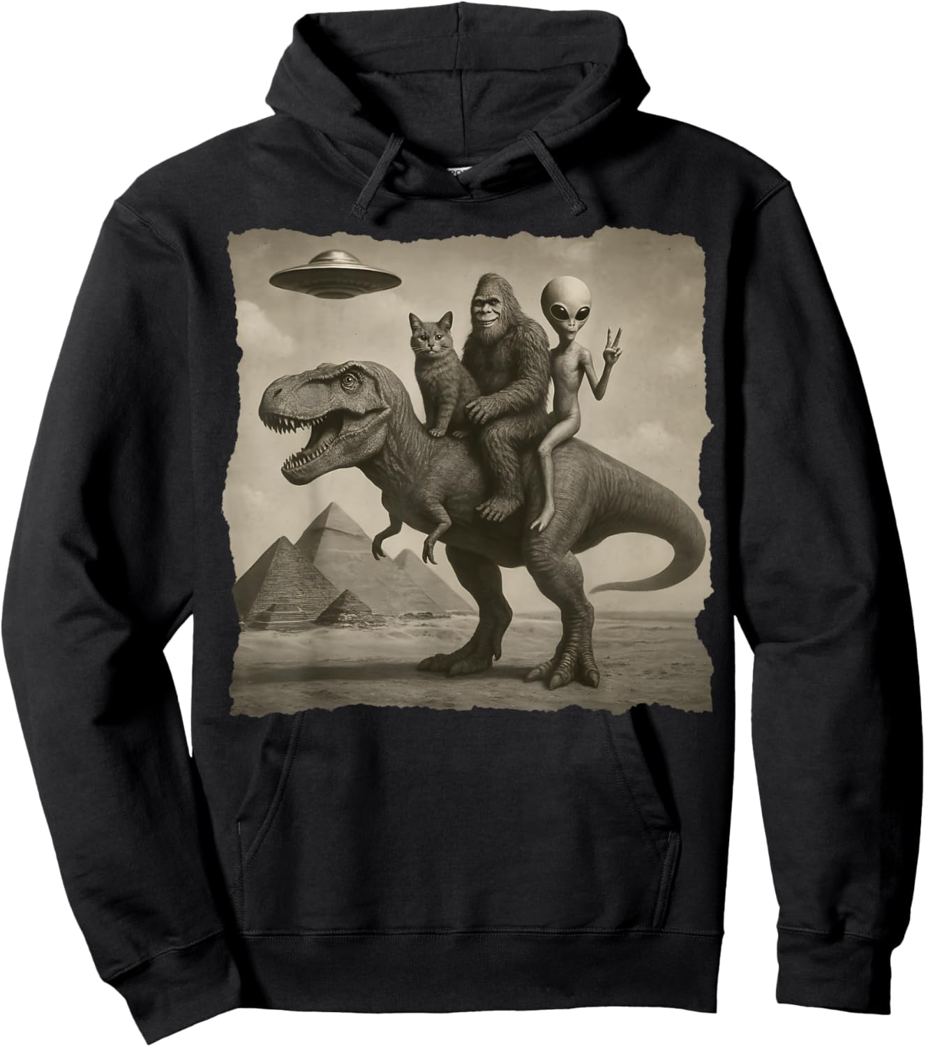 Cat with Alien and Bigfoot Riding a T-Rex at Giza Pyramids Hoodie - Hoodie | Black