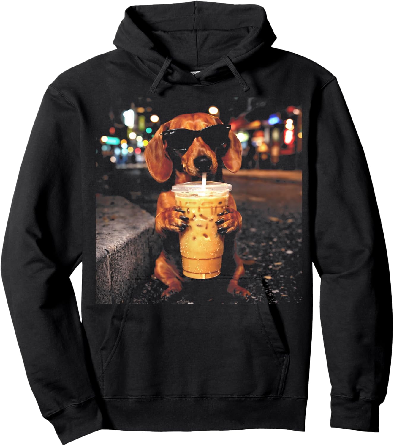 Funny Dachshund Drinking Iced Coffee Animal Meme Hoodie - Hoodie | Black
