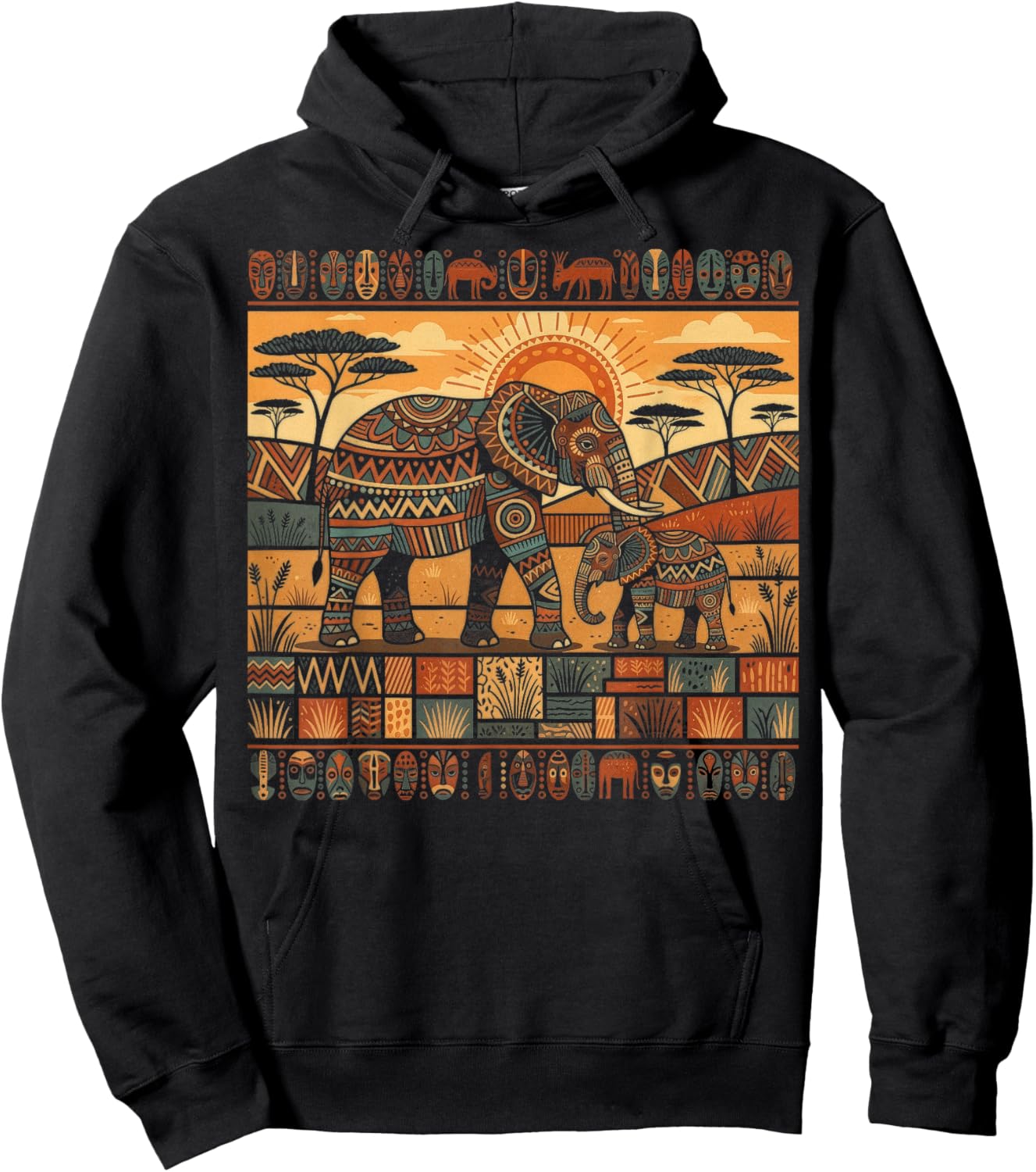 African Elephant & Baby Tribal Kente Pattern Safari Ghana Hoodie - Hoodie | Black