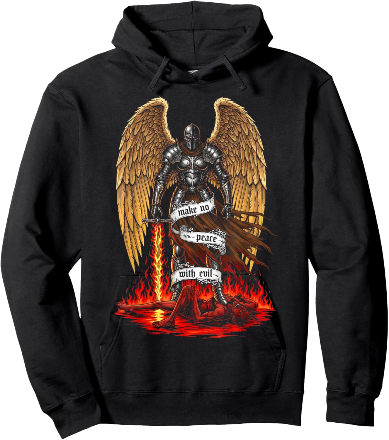 Archangel Michael Faith Design Make No Peace with Evil Hoodie - Hoodie | Black