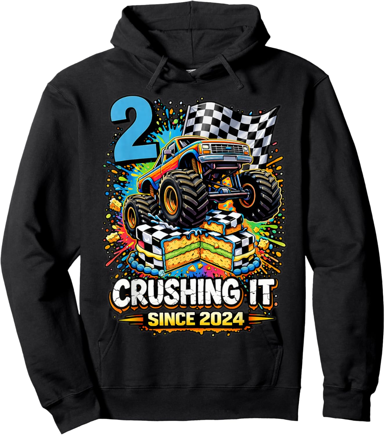 Birthday Monster Truck 2 Year Old Boys 2nd Party Born 2024 Hoodie - Hoodie | Black