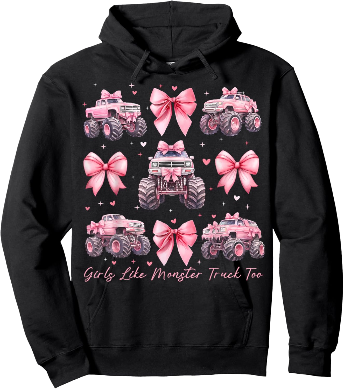Girls Like Monster Truck Too Coquette Bow Monster Truck Kids Hoodie - Hoodie | Black