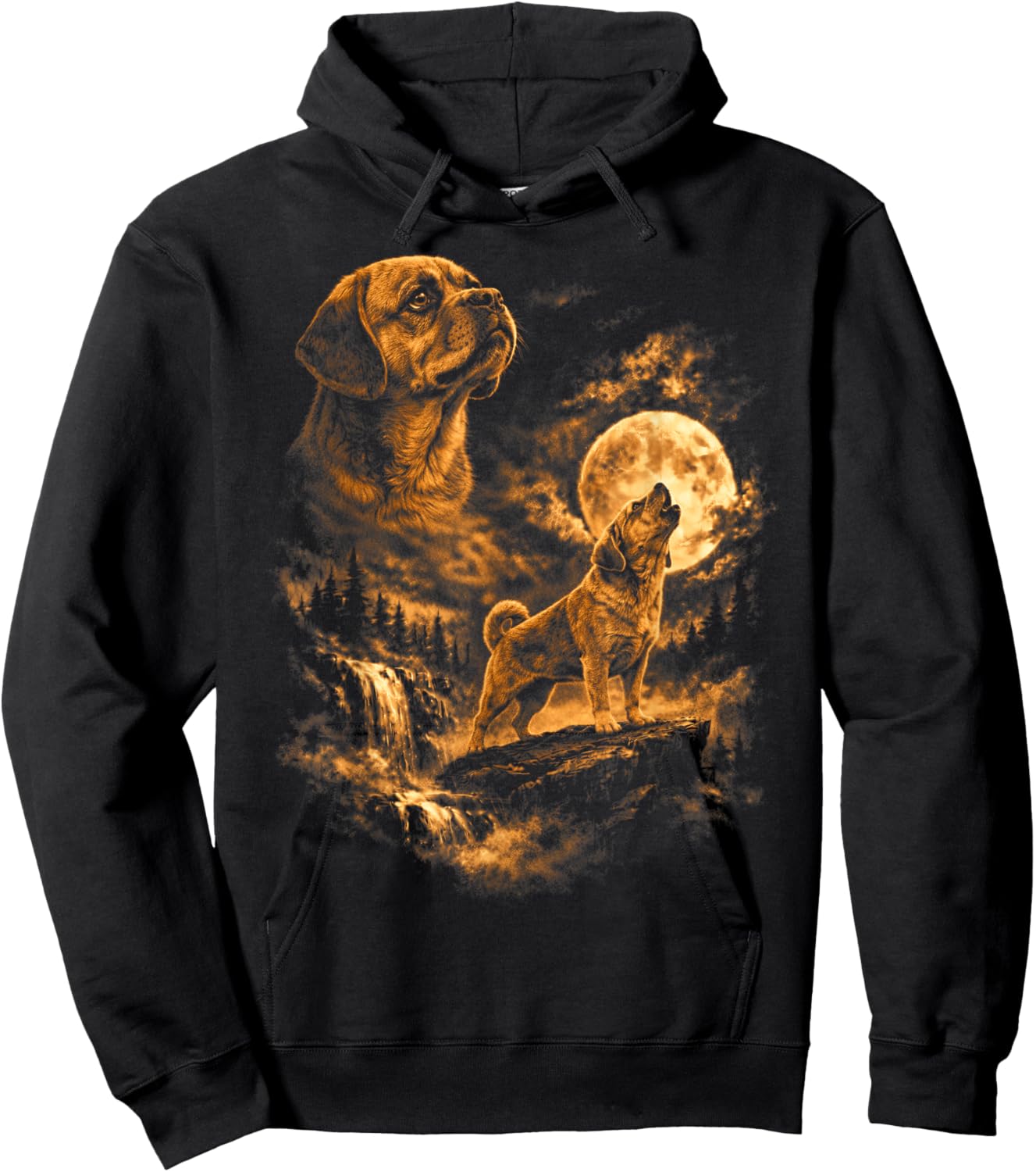 Puggles Howling Moon Dog Fantasy Forrest Wilderness Hoodie - Hoodie | Black