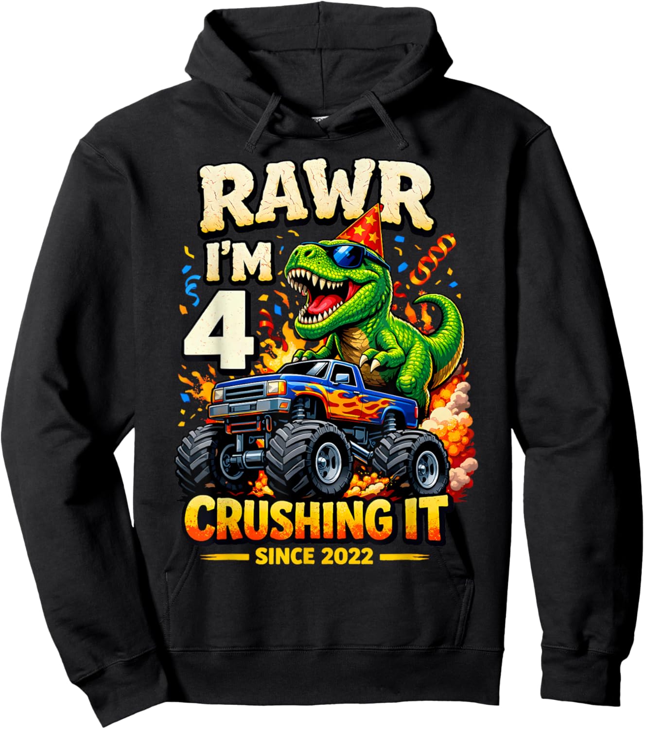4th Birthday Monster Truck Dinosaur 4 Years Old Birthday Boy Hoodie - Hoodie | Black
