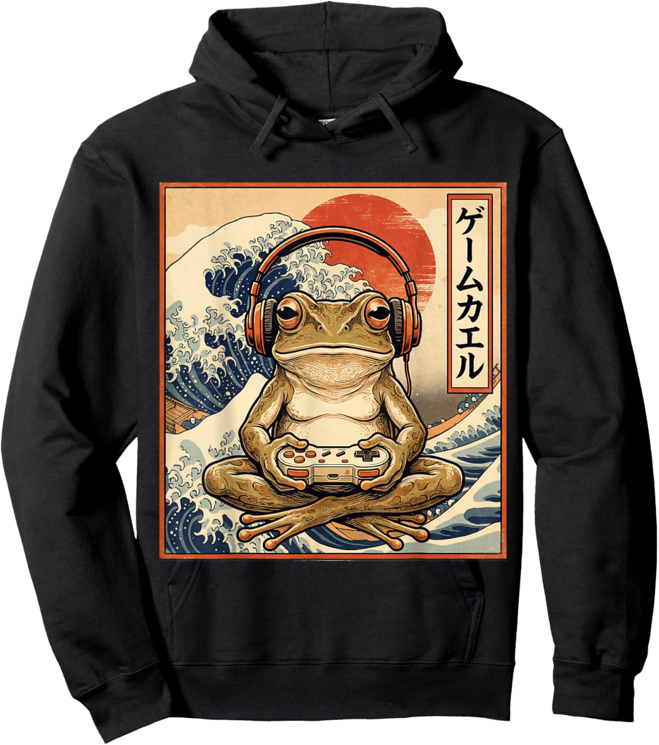 Japanese Gaming Frog Great Wave Retro Gamer Anime Vintage Hoodie - Hoodie | Black