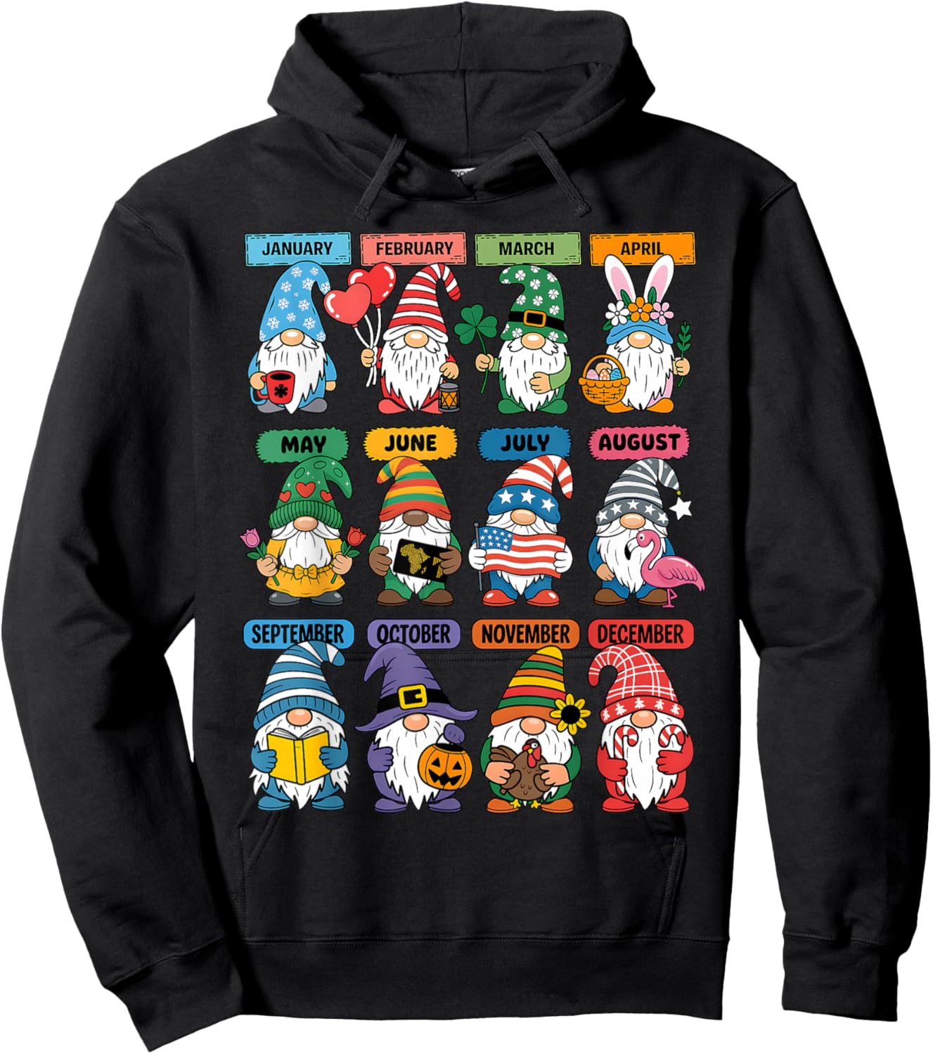 Cute Gnome Every Season Holiday Gnomes 12 Months of Gnomes Hoodie - Hoodie | Black
