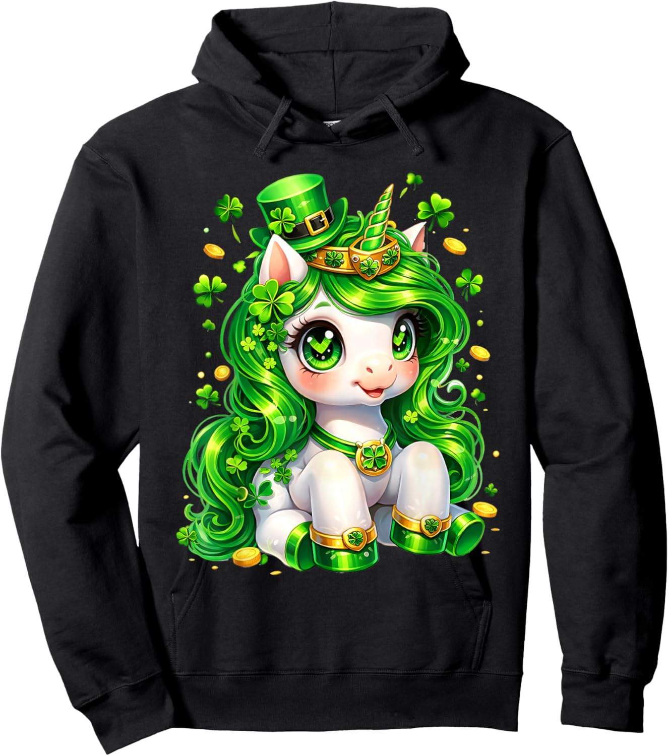 Cute Unicorn Shamrock St Patricks Day Girls Kids Lepricorn Hoodie - Hoodie | Black