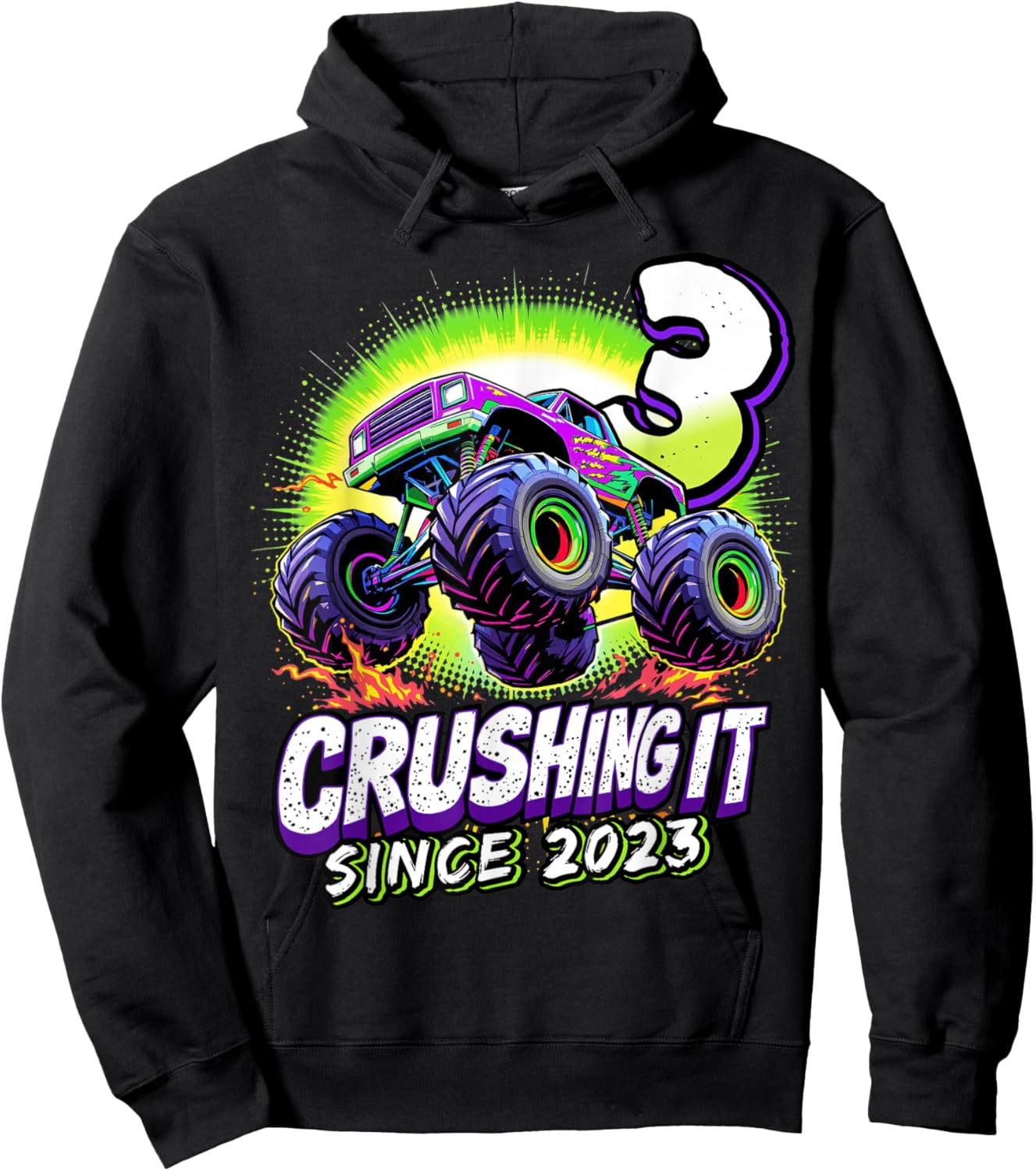 Birthday Monster Truck 3 Year Old Boys 3rd Party Born 2023 Hoodie - Hoodie | Black