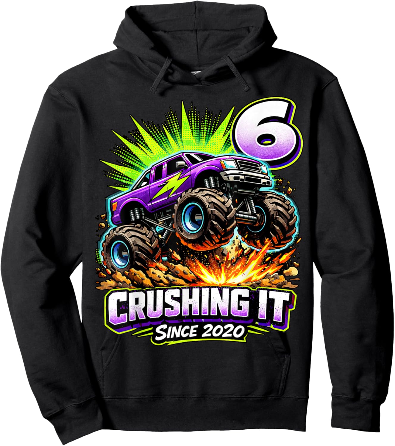 Birthday Monster Truck 6 Year Old Boys 6th Party Born 2020 Hoodie - Hoodie | Black