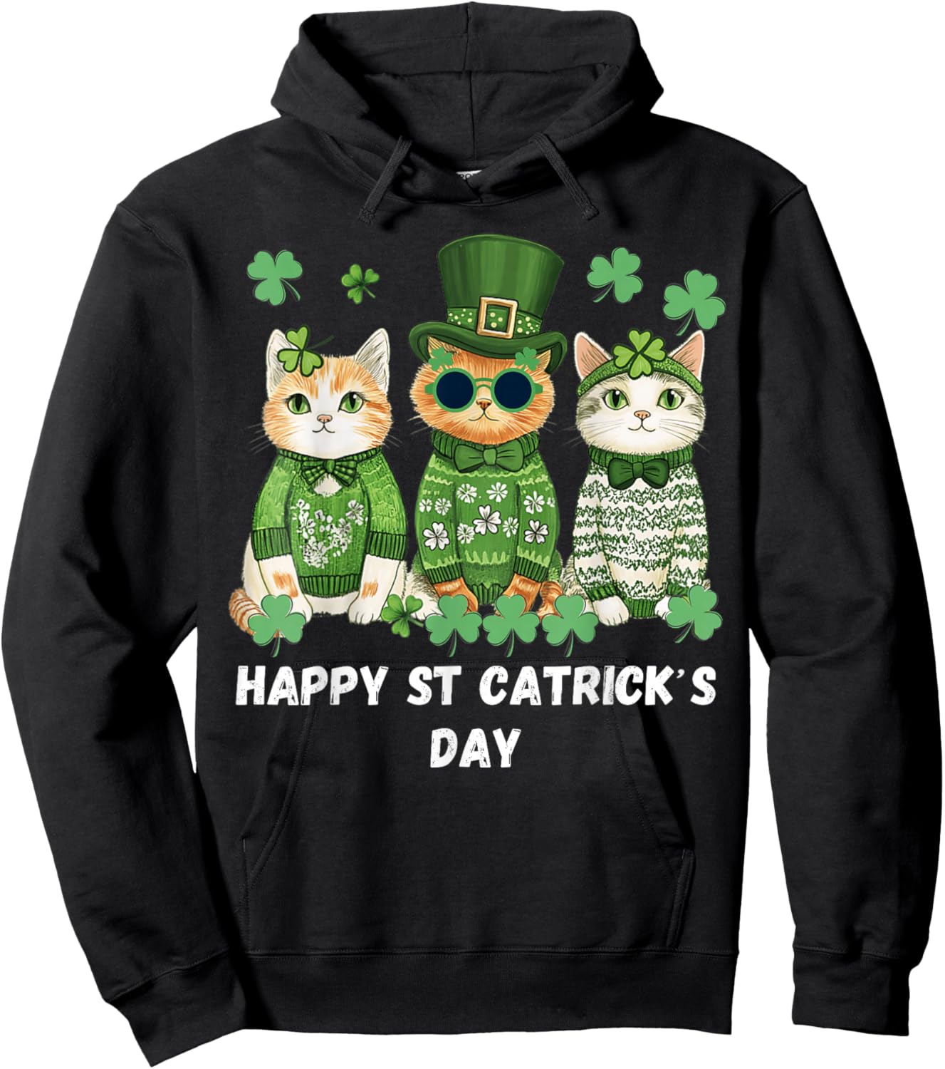 Happy St Patrick’s Cats Cute Cat St Patrick’s Day Hoodie - Hoodie | Black