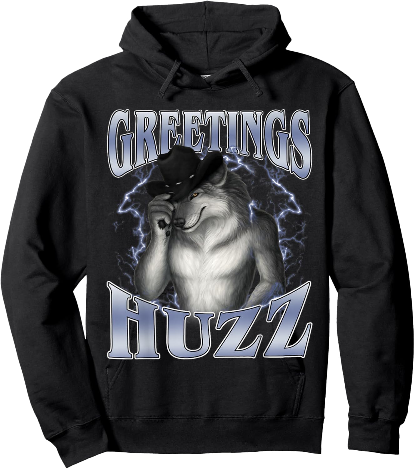 Greetings Huzz Funny Alpha Wolf Meme Unhinged Brainrot Hoodie - Hoodie | Black