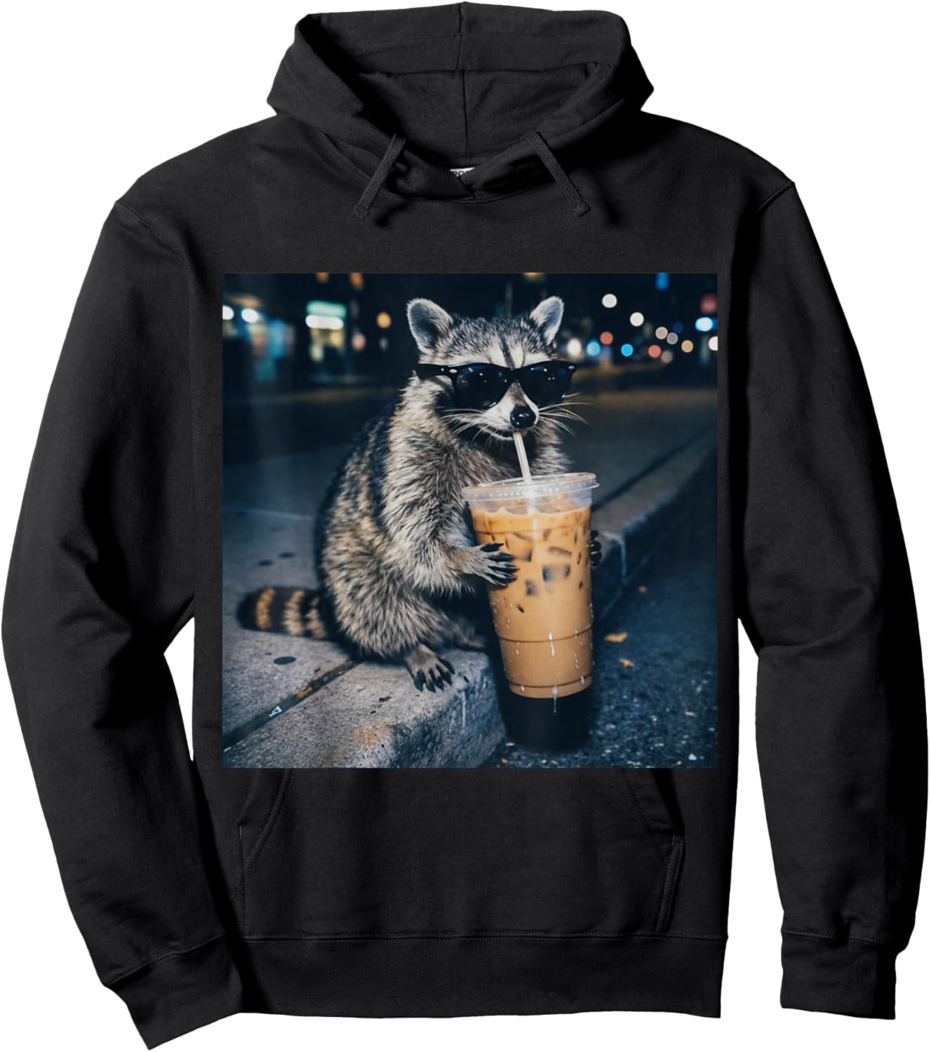 Raccoon Drinking Iced Coffee Funny Animal Meme Hoodie - Hoodie | Black