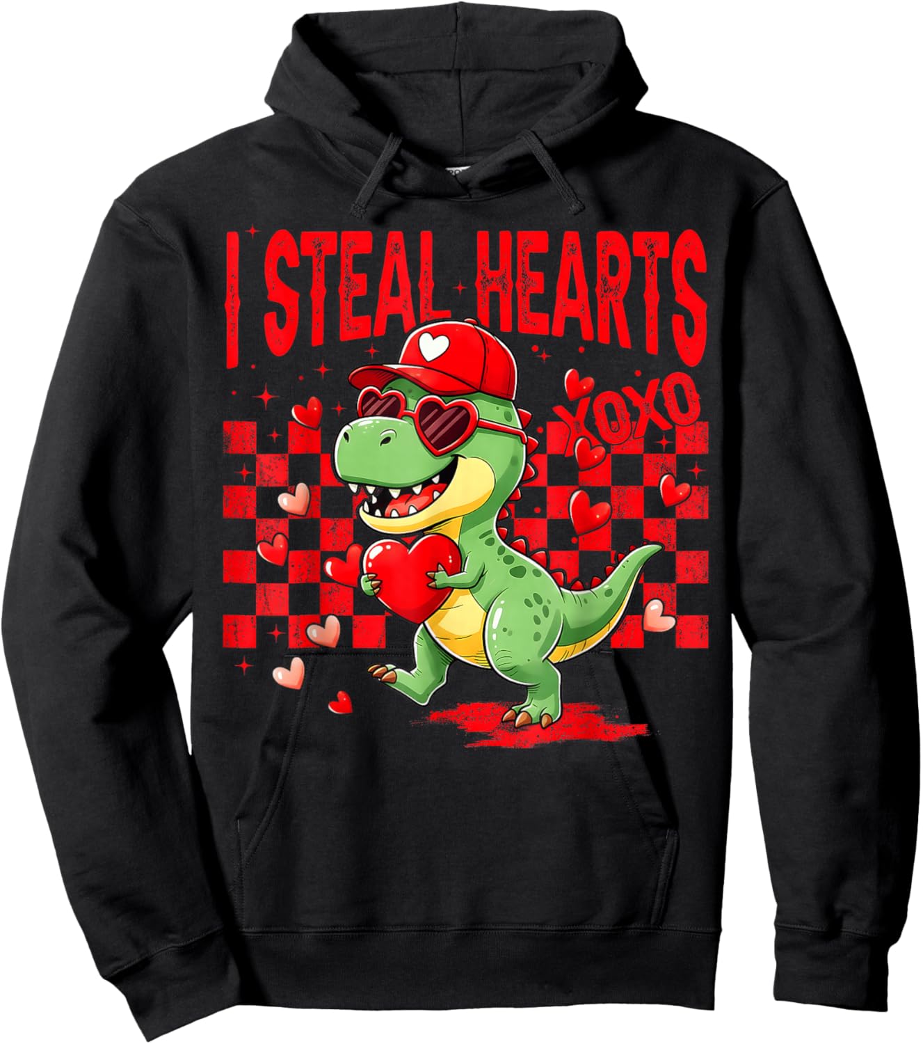 Retro Valentine Dinosaur Holding Heart, Cute I Steal Hearts Hoodie - Hoodie | Black