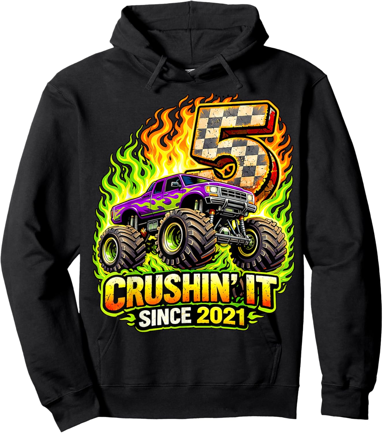 Birthday Monster Truck 5 Year Old Boys 5th Party Born 2021 Hoodie - Hoodie | Black