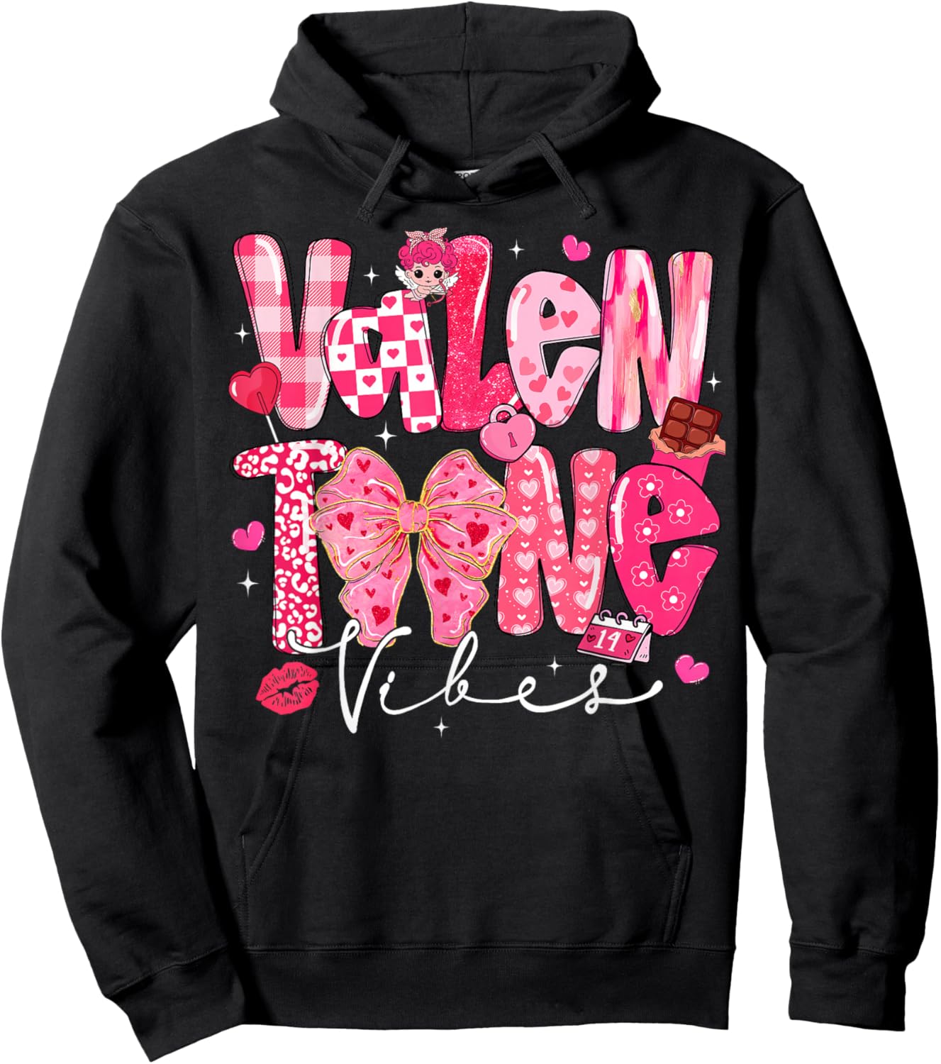 Valentine Vibes Cute Coquette Bow Red Heart Girl Women Kid Hoodie - Hoodie | Black