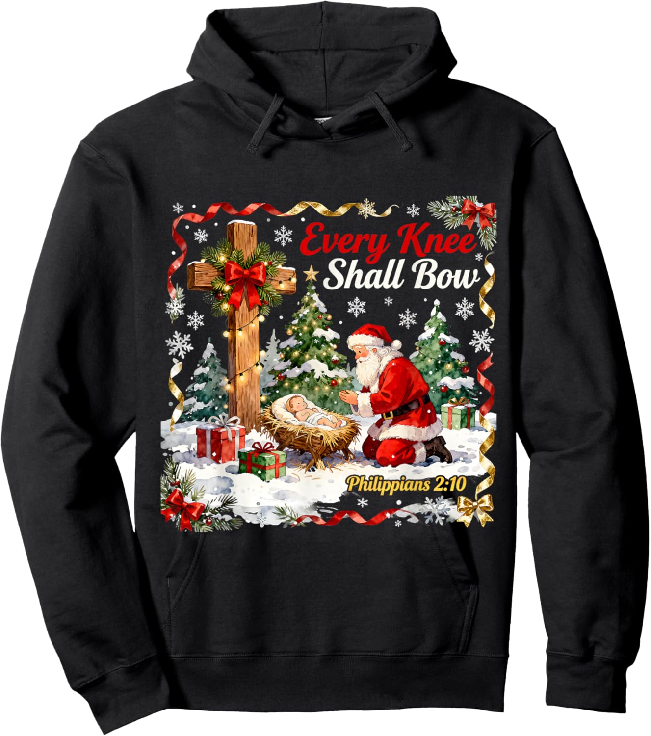 Christmas Nativity Scene Every Knee Shall Bow Santa Xmas Hoodie - Hoodie | Black