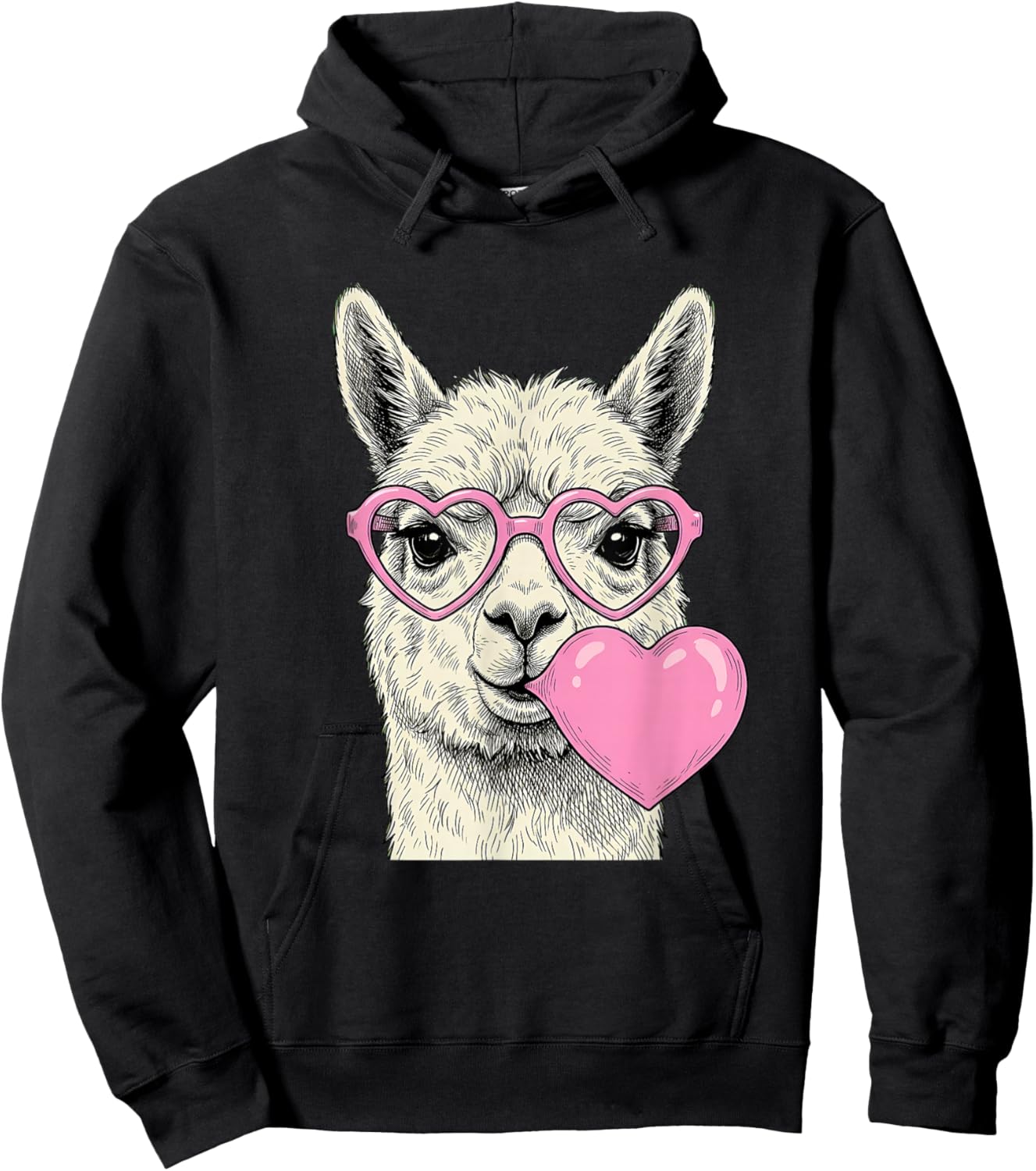 Cute Alpaca Blowing Pink Valentine Heart Bubble Gum Hoodie - Hoodie | Black