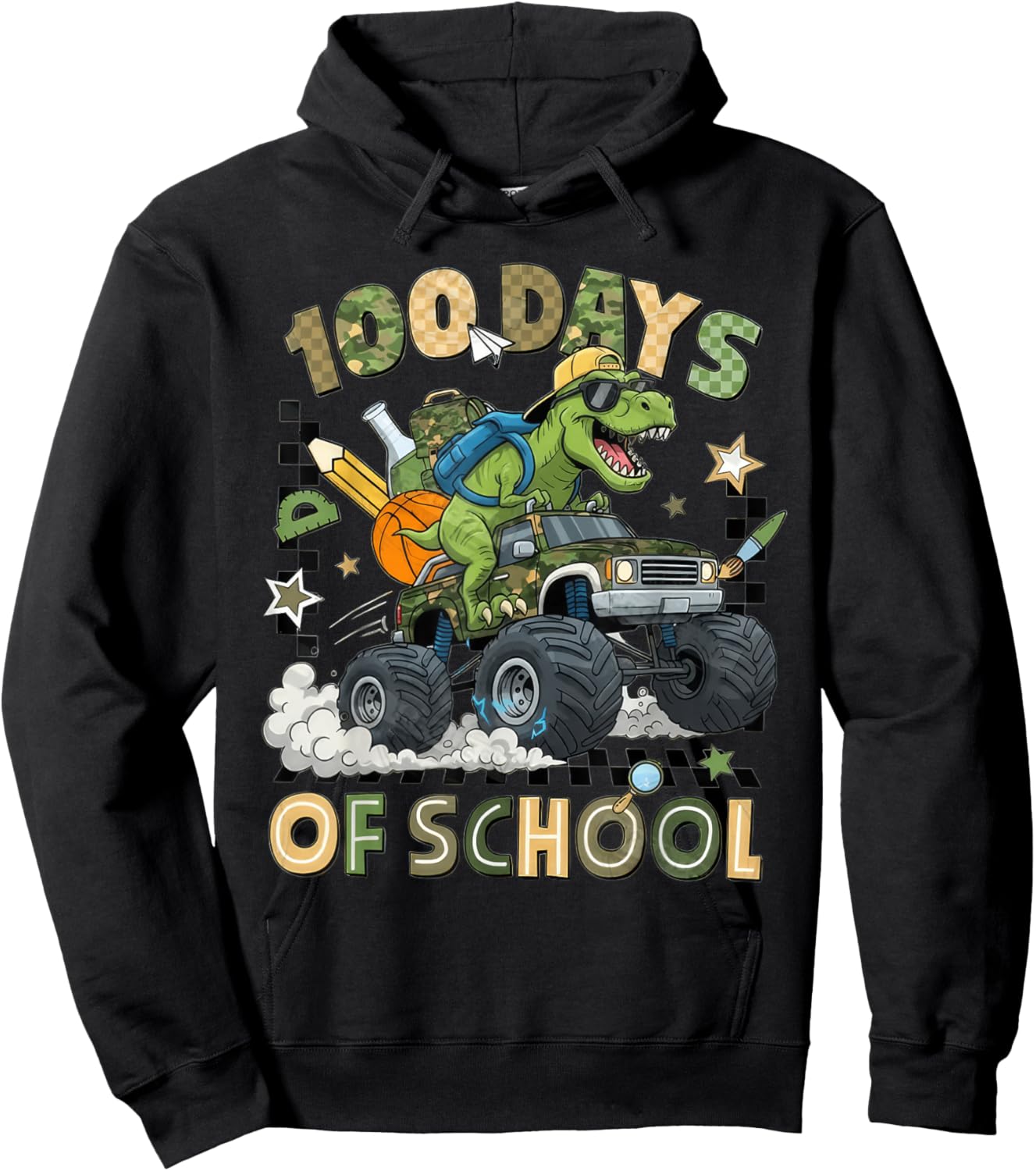 100 Days of School Monster Truck Camo 100th Day School Boys Hoodie - Hoodie | Black