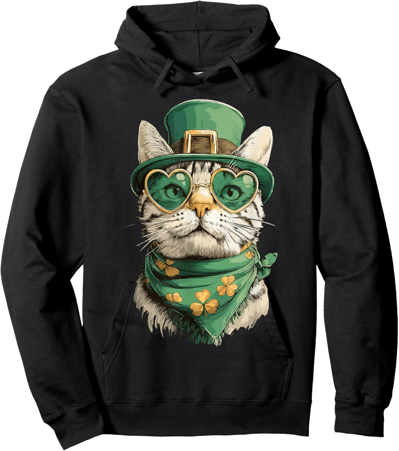 Tabby Cat with Hearts Sunglasses Shamrocks St Patricks Day Hoodie - Hoodie | Black