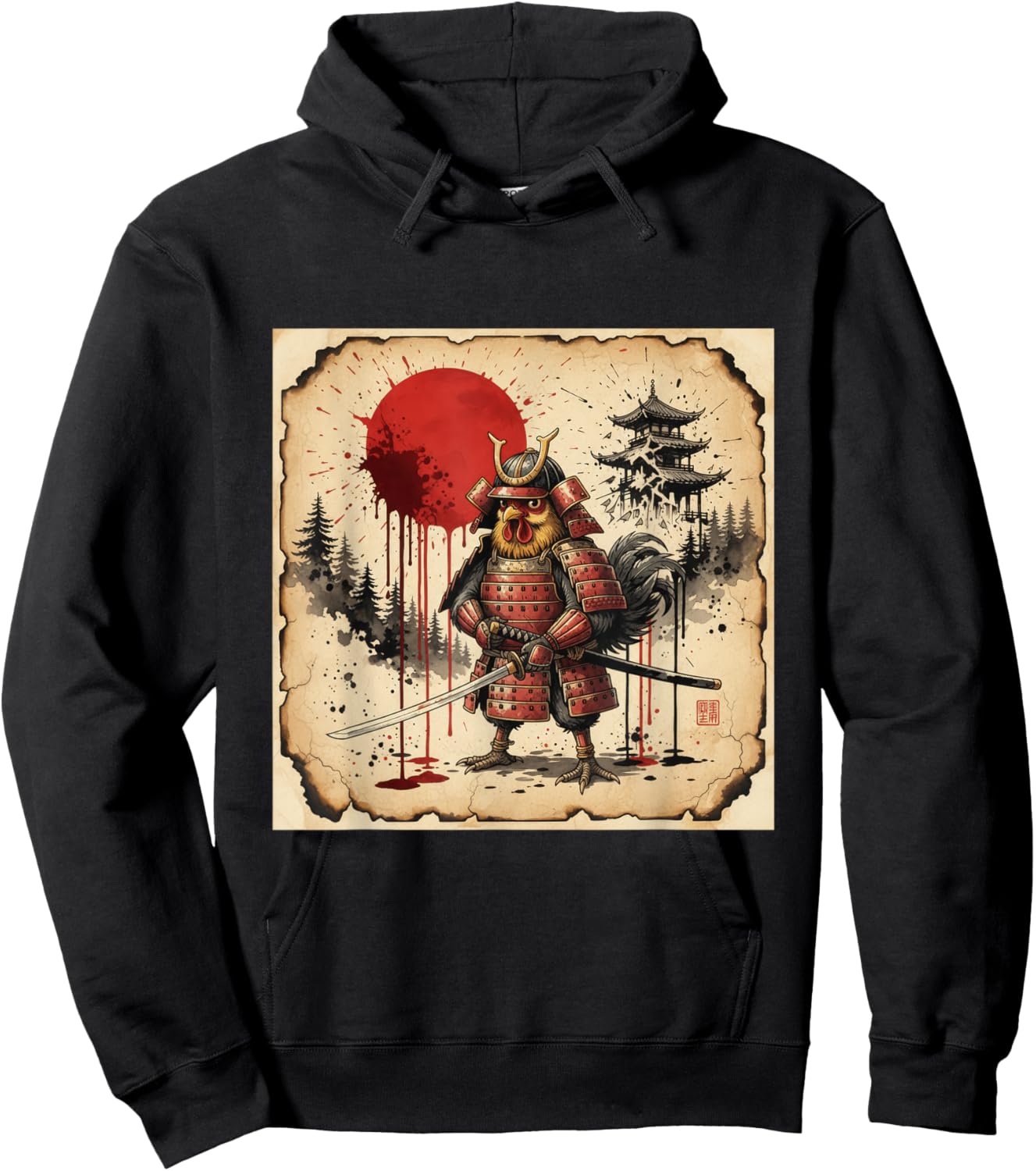 Samurai Rooster Chicken Warrior Japanese Parody Art Hoodie - Hoodie | Black