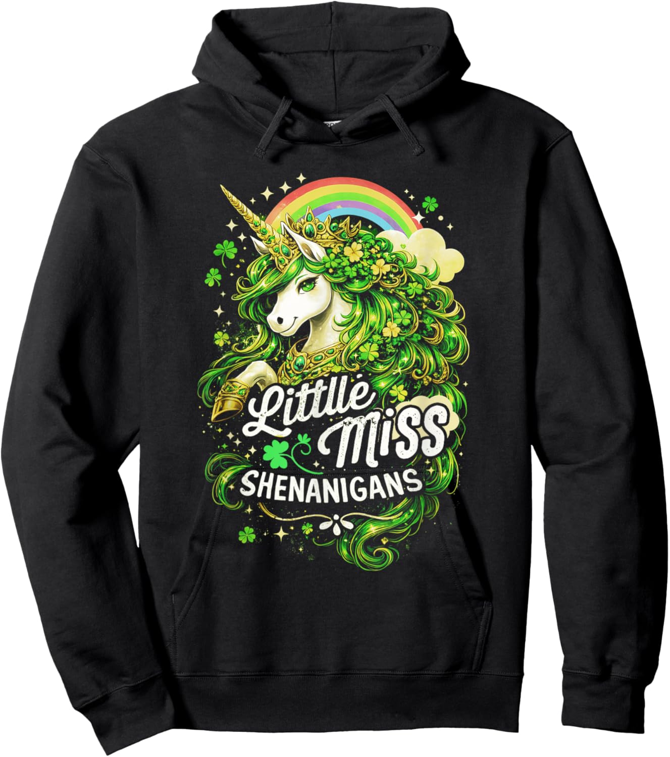 St Patricks Day Kids Girls Unicorn Little Miss Shenanigans Hoodie - Hoodie | Black