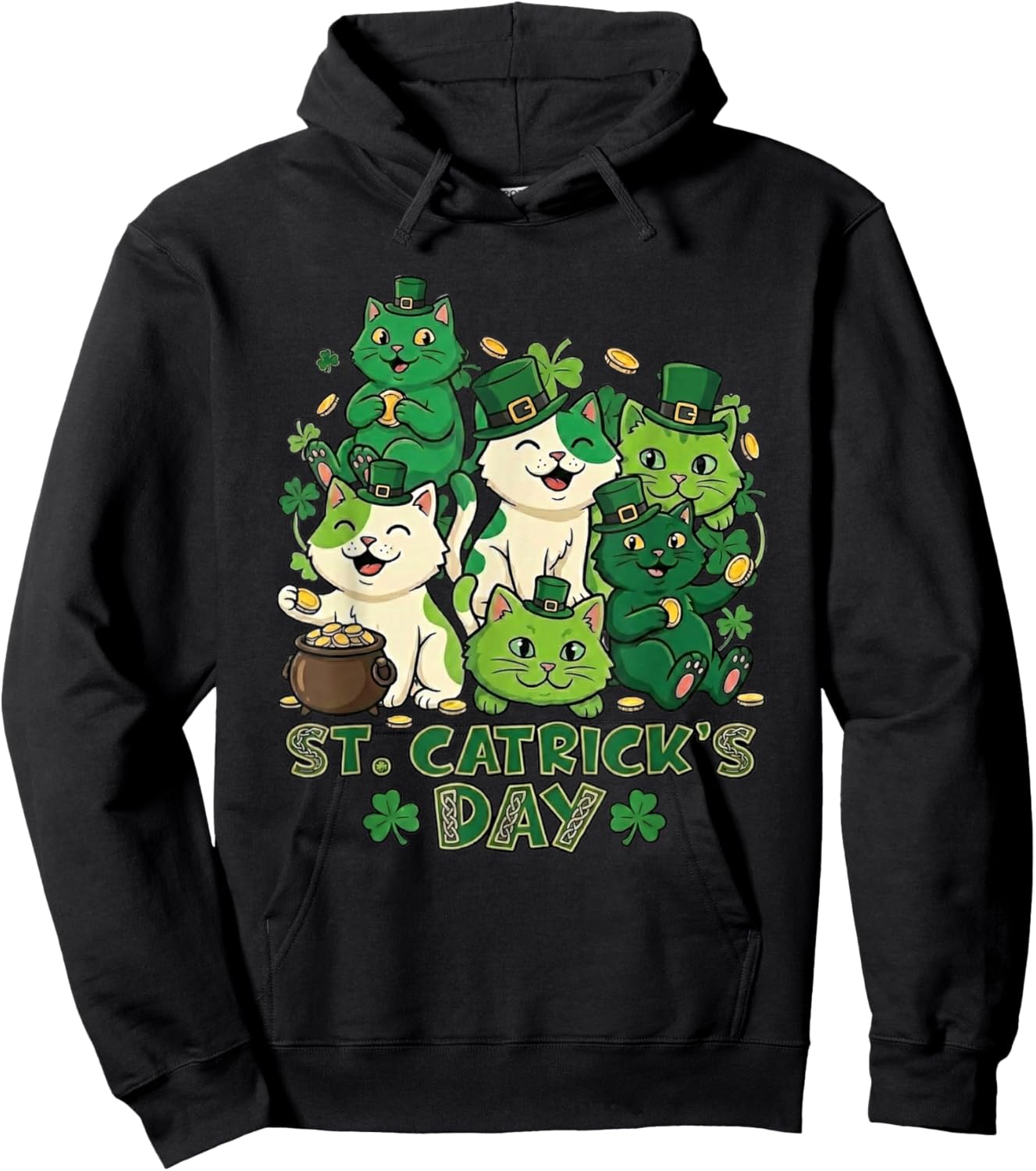 St Catricks Day Funny Cat Lover Leprechaun Kitten Graphic Hoodie - Hoodie | Black