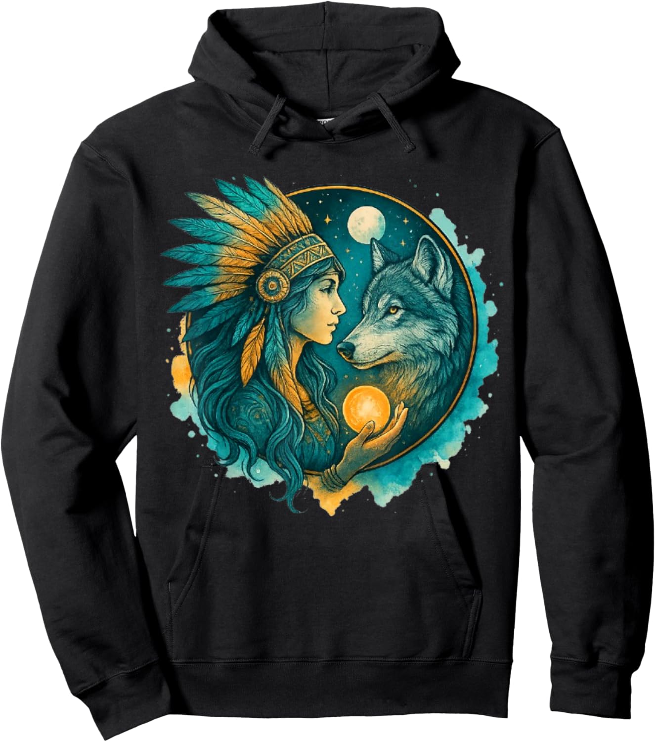 Indian Native American Woman with White Wolf Vitage Hoodie - Hoodie | Black