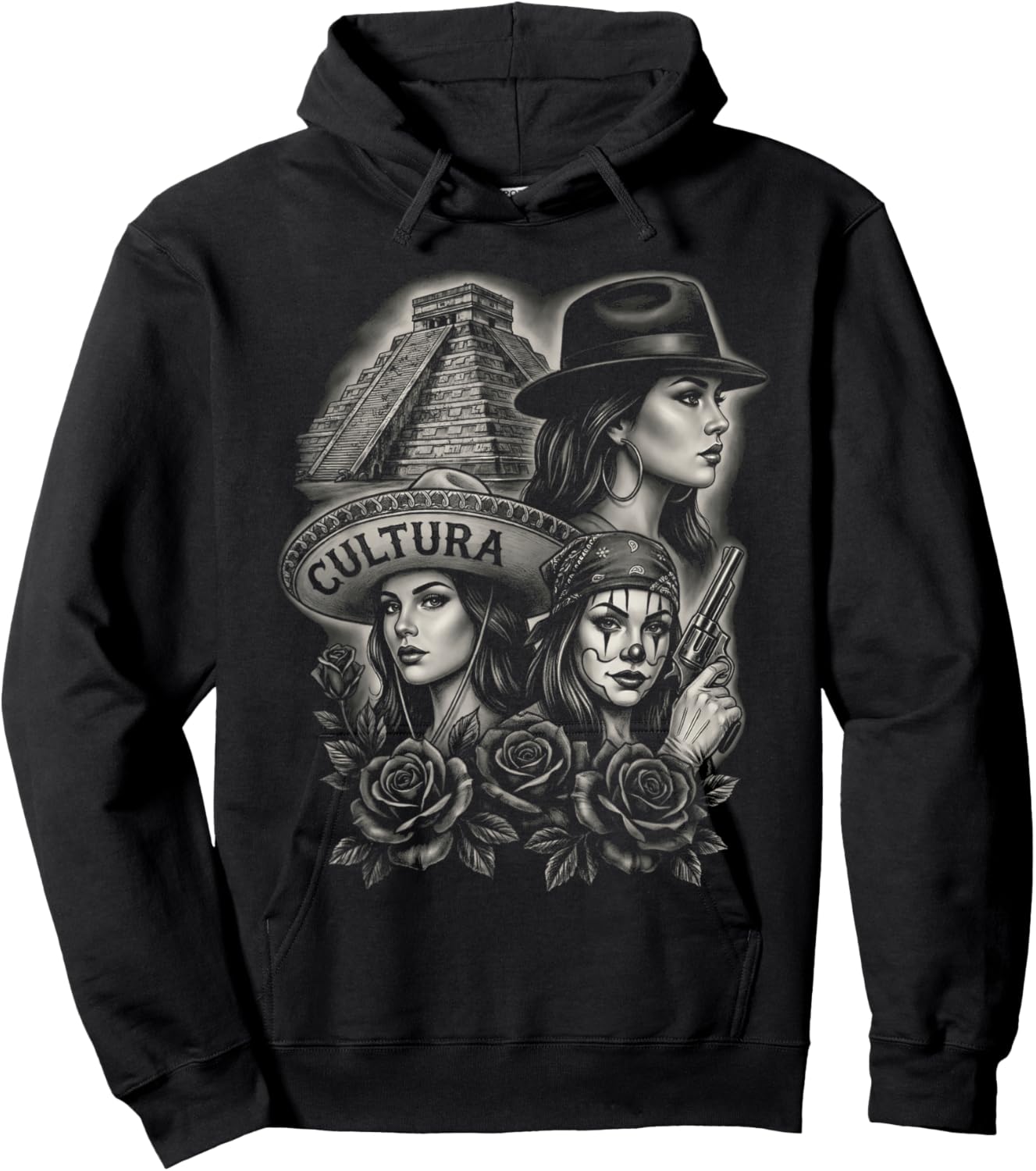 Chicano Cultura Latina Women Pyramid Roses Art Hoodie - Hoodie | Black