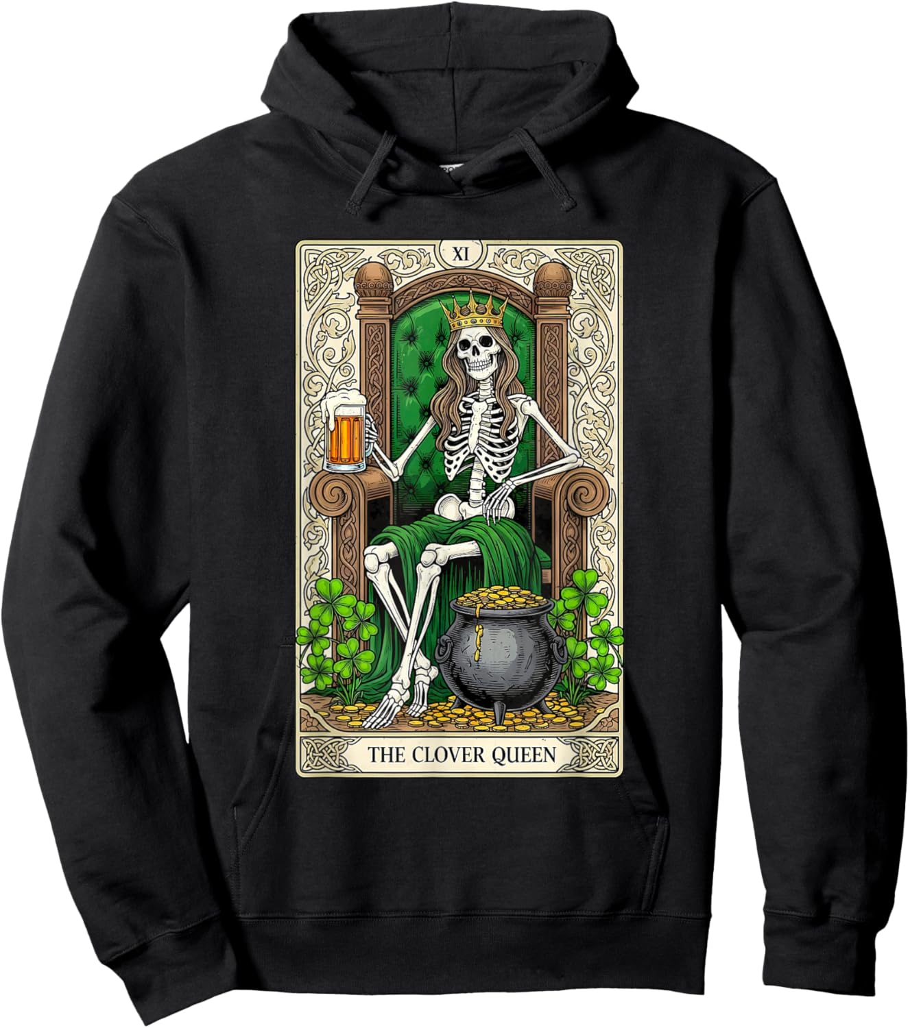 The Clover Queen Skeleton Tarot Card St Patricks Day Women Hoodie - Hoodie | Black