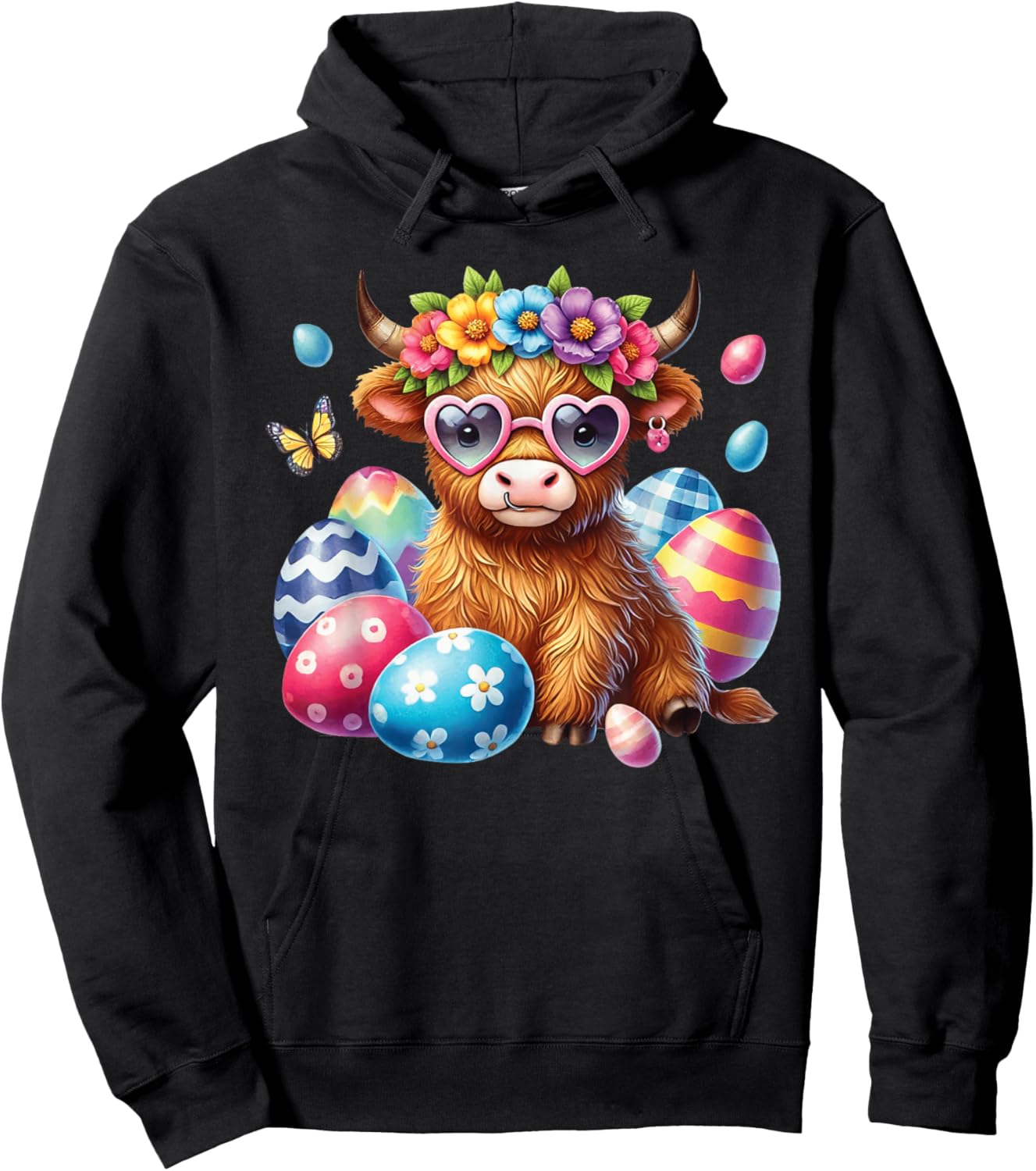 Happy Easter Highland Cow Heifer Easter Day Farmer Cowgirl Hoodie - Hoodie | Black