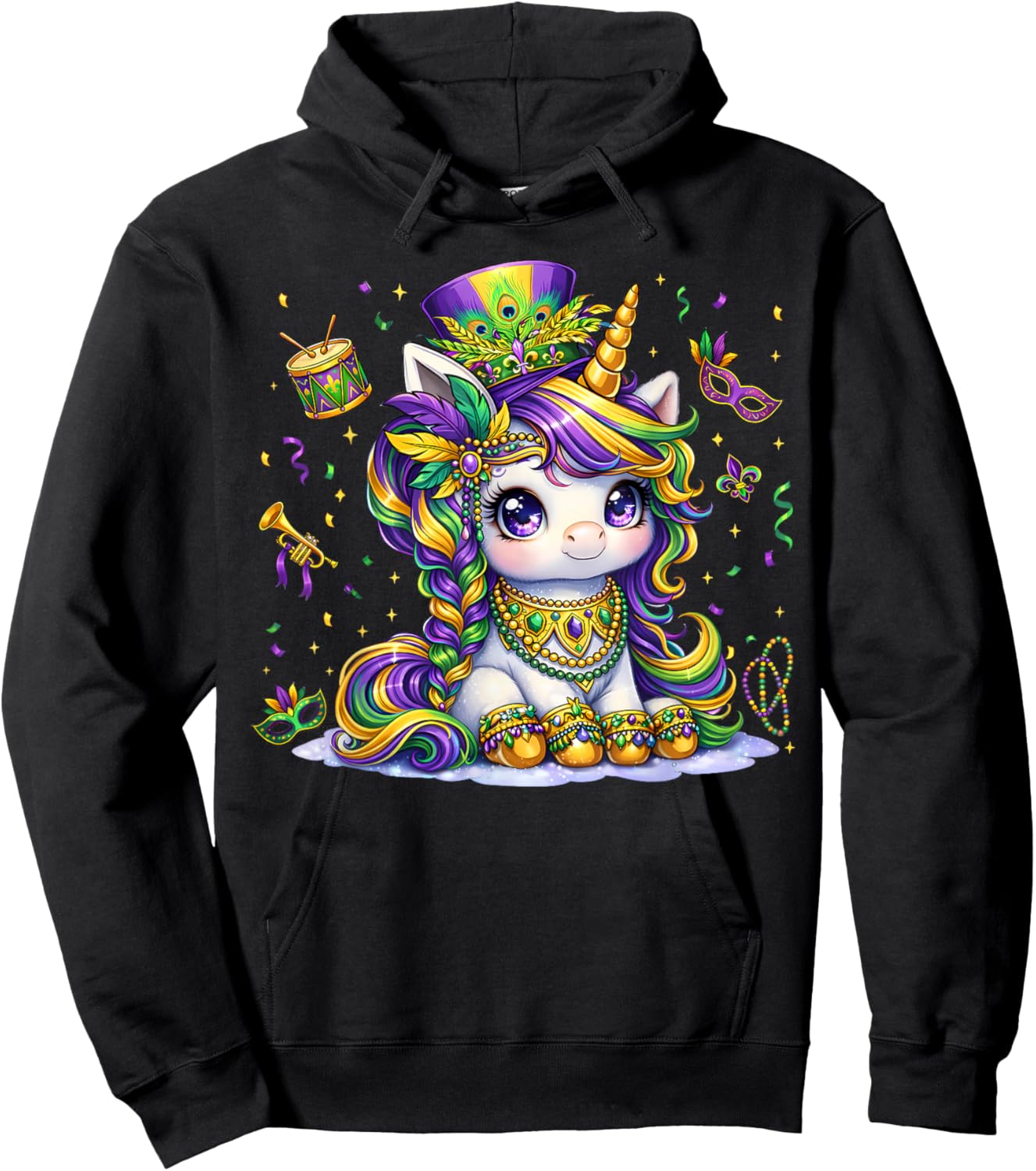 Cute Mardi Gras Princess Unicorn Bead Women Girl Kid Toddle Hoodie - Hoodie | Black