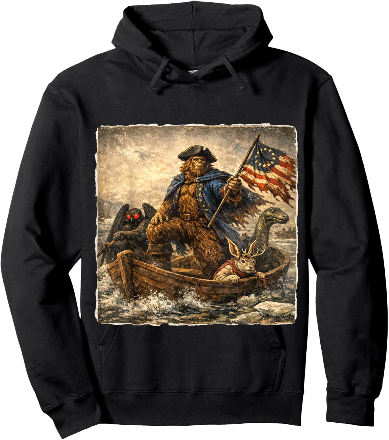 Bigfoot Crossing The Delaware Patriotic Funny 4th of July Hoodie - Hoodie | Black