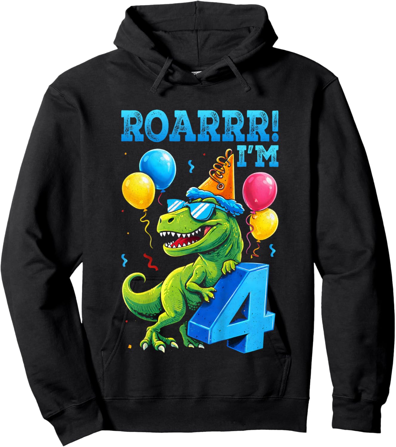 Kids Dinosaur T-Rex Roar I'm 4 Funny 4th Birthday Party Kids Hoodie - Hoodie | Black