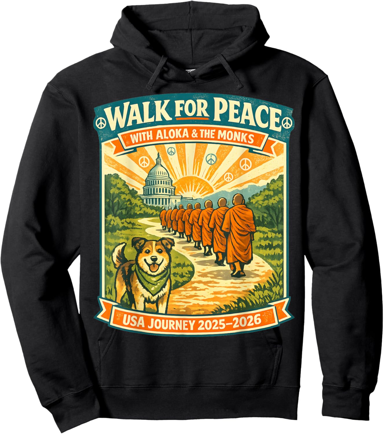 Walk for Peace Monks Dog USA Journey 2025-2026 Vintage Zen Hoodie - Hoodie | Black