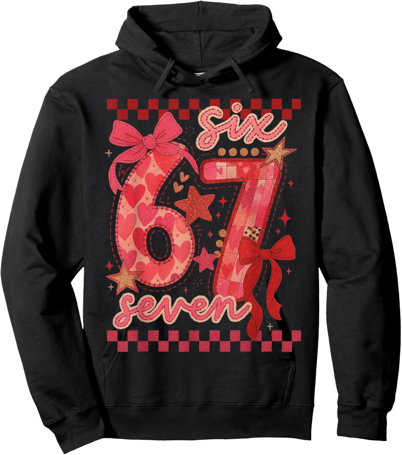 Six Seven Valentine 6 7 Meme Checkered Coquette Bow Hoodie - Hoodie | Black