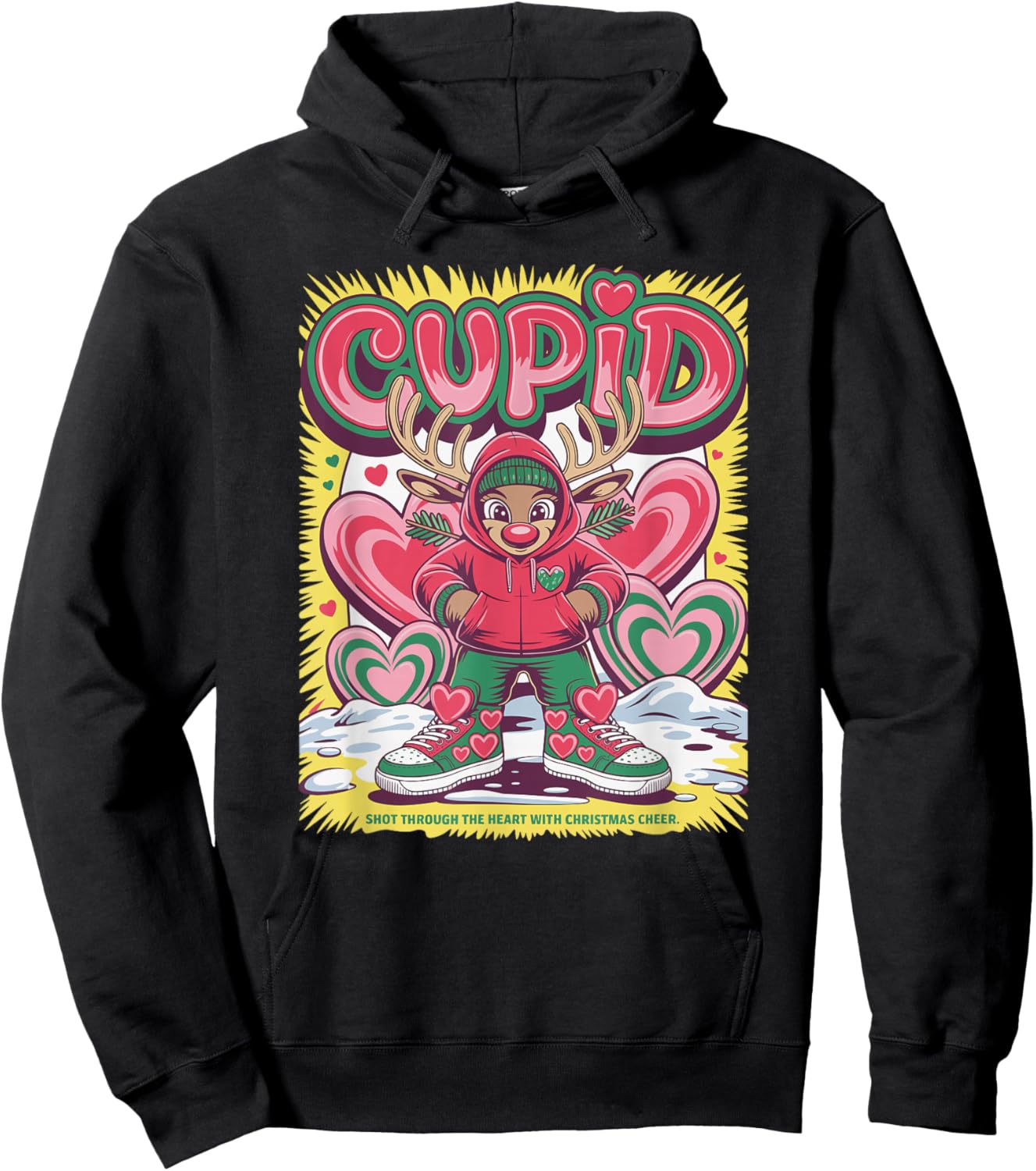 Cupid Reindeer Christmas Holiday Cheer Festive Art Hoodie - Hoodie | Black