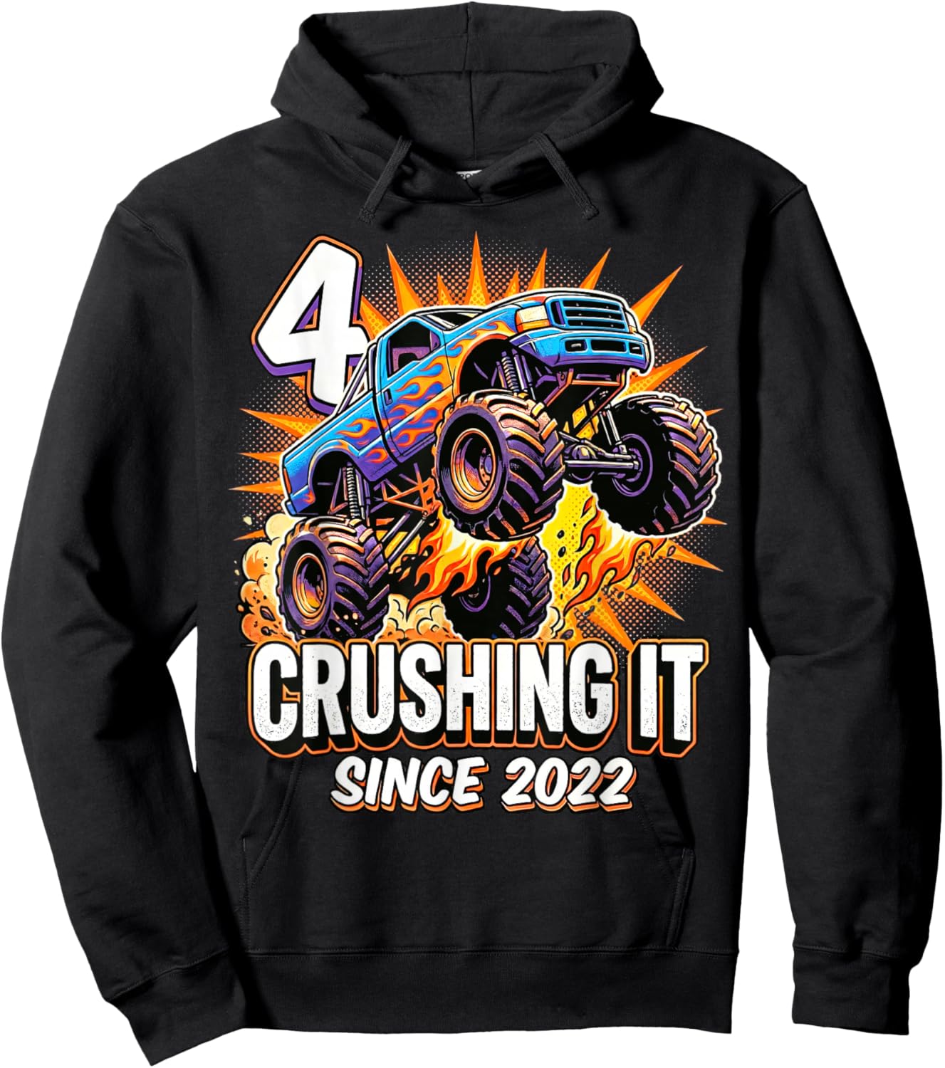 Birthday Monster Truck 4 Year Old Boys 4th Party Born 2022 Hoodie - Hoodie | Black