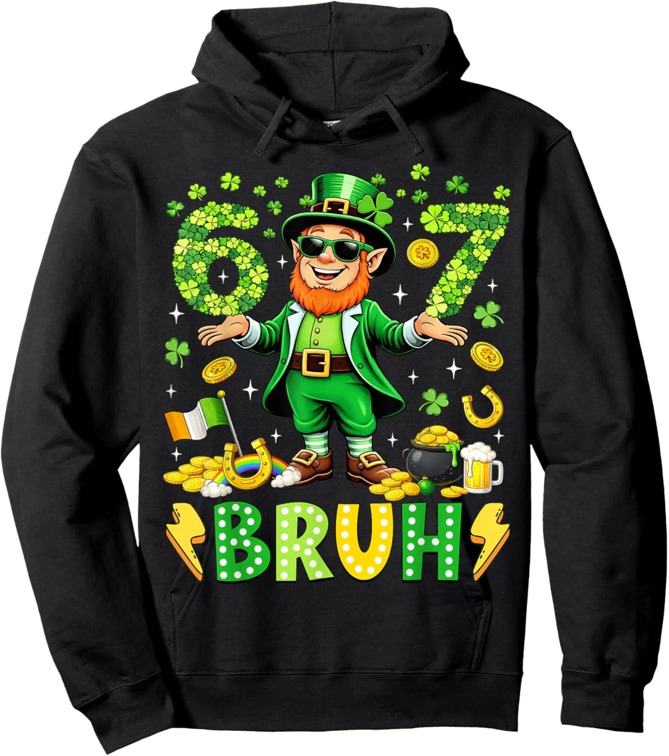 67 Bruh St Patricks Day Leprechaun Meme Six Seven Boys Kids Hoodie - Hoodie | Black