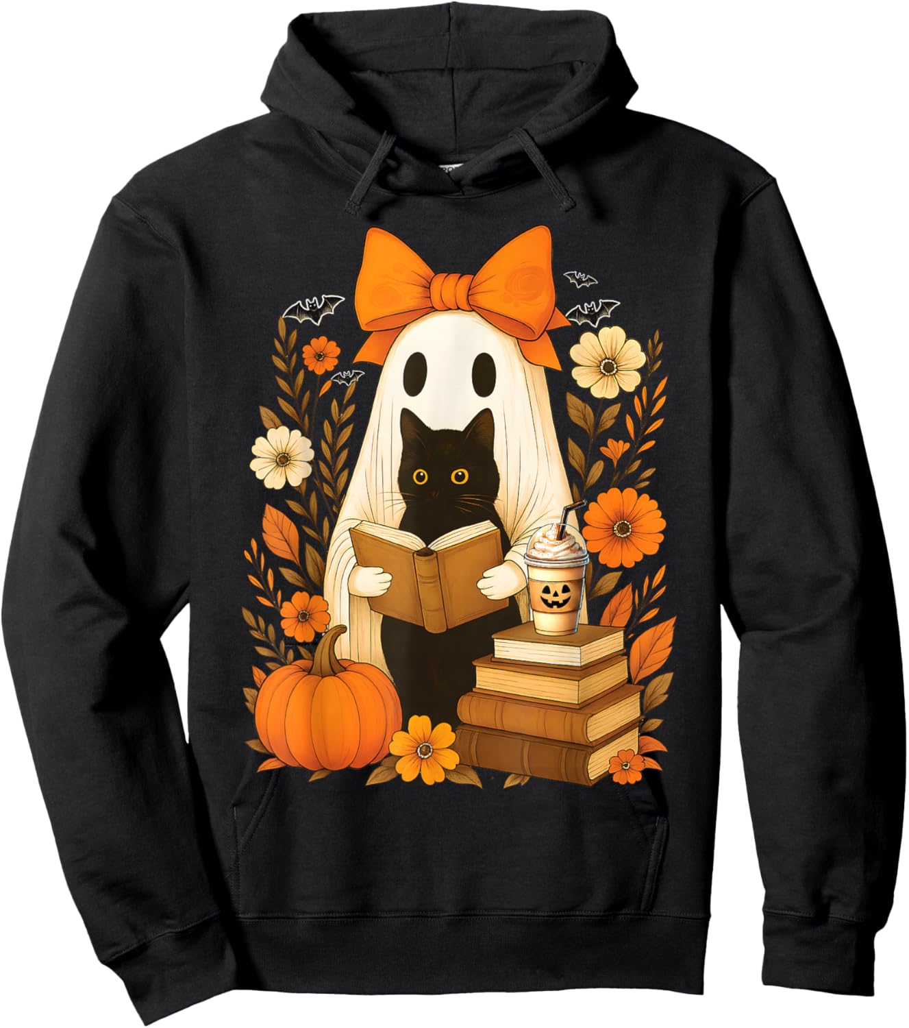 Groovy Floral Vintage Halloween Ghost Reading Book Cat Lover Hoodie - Hoodie | Black
