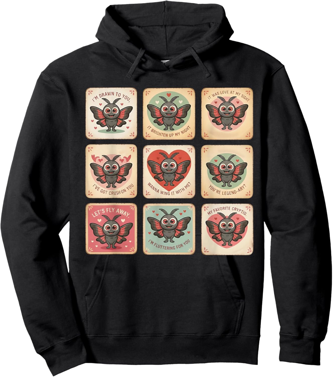 Cute Mothman Valentine Puns Cryptid Lover Cards Hoodie - Hoodie | Black