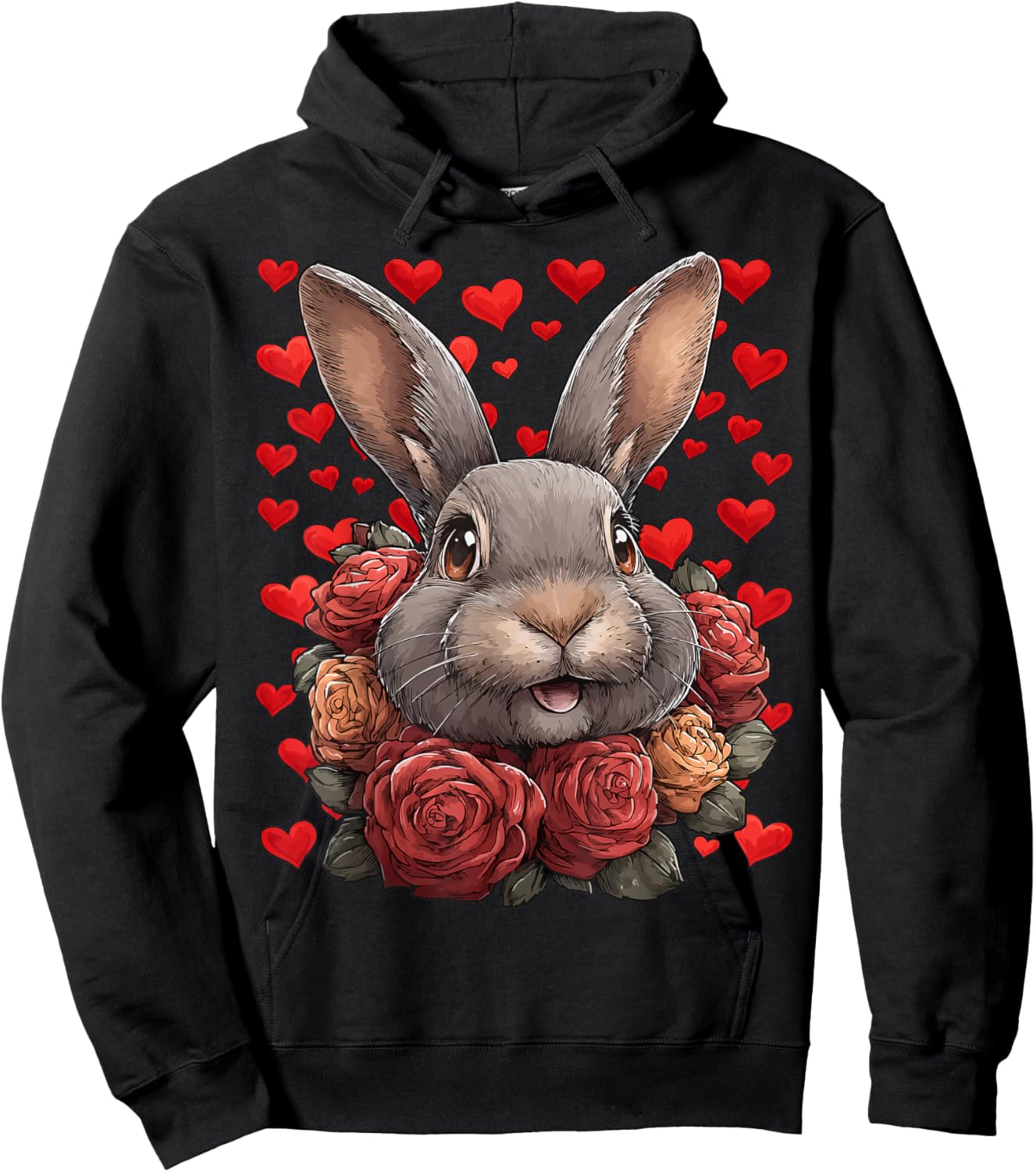 Cute Rabbit with Red Roses Hearts Valentine’s Day Animal Hoodie - Hoodie | Black