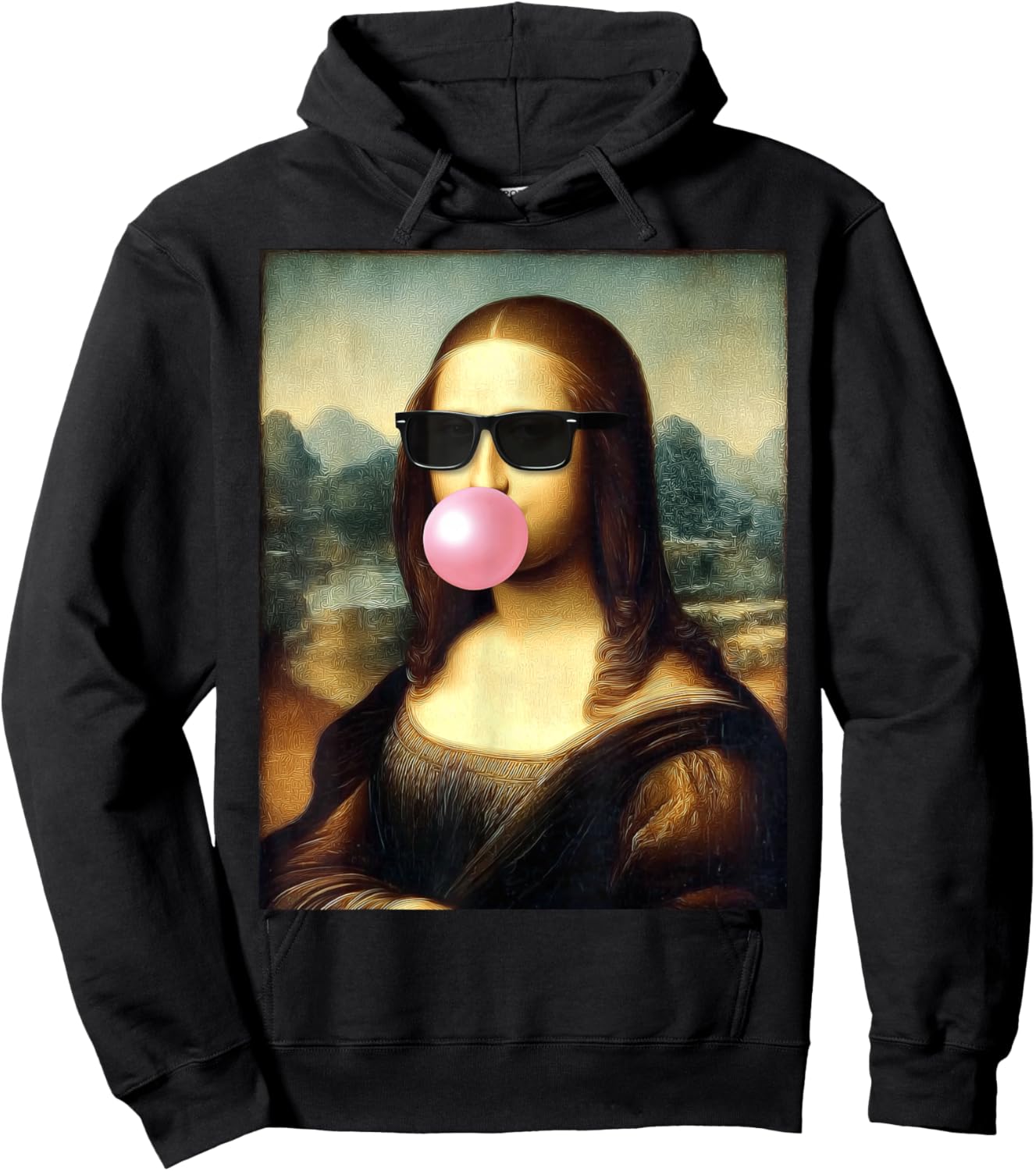 Funny Mona Lisa Pink Bubble Gum Portrait Painting Sunglasses Hoodie - Hoodie | Black