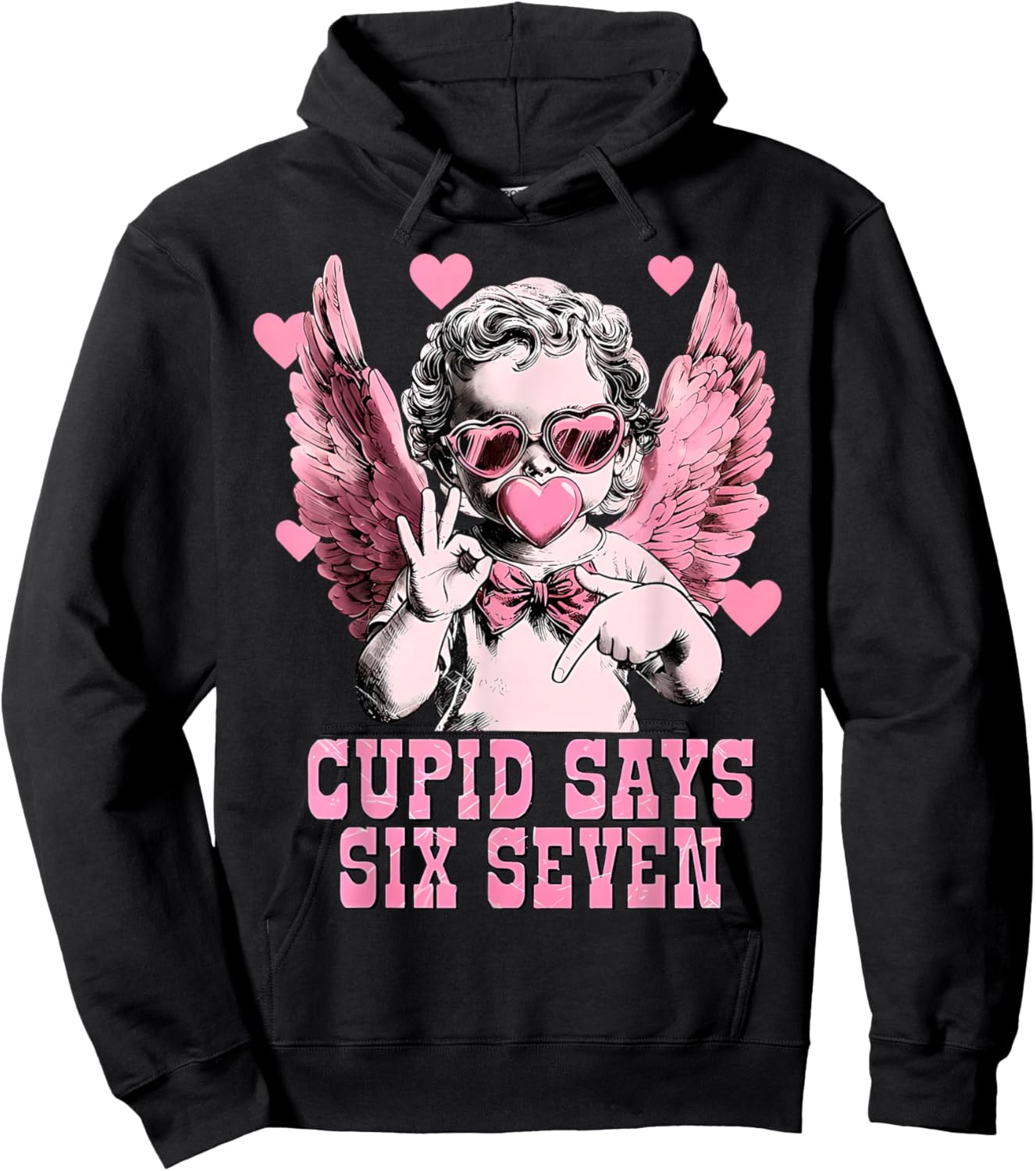 Retro Cupid Says Six Seven Hands Sign Blowing Bubble Hearts Hoodie - Hoodie | Black