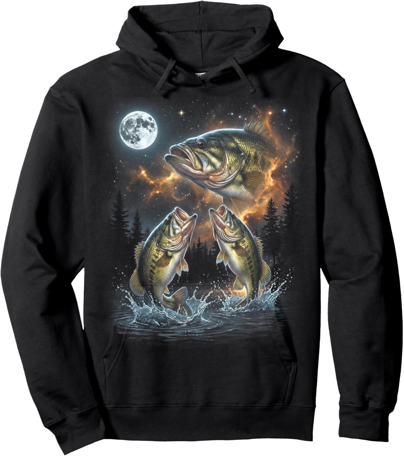 Bass Fish Howling at The Moon 90s Vintage Angler Fisherman Hoodie - Hoodie | Black