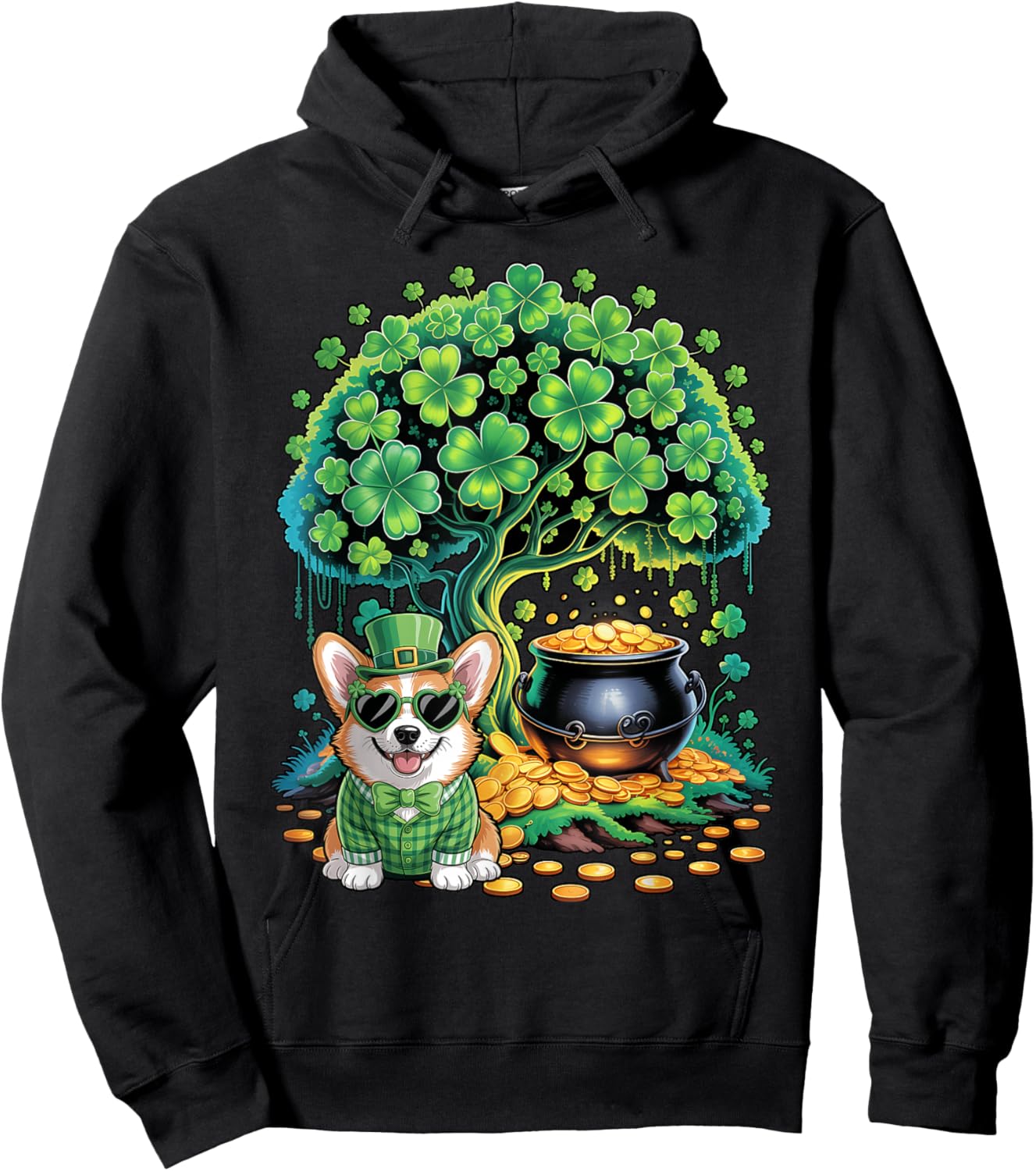 Funny Shamrock Tree Leprechaun Hat Corgi Dog St Patricks Day Hoodie - Hoodie | Black
