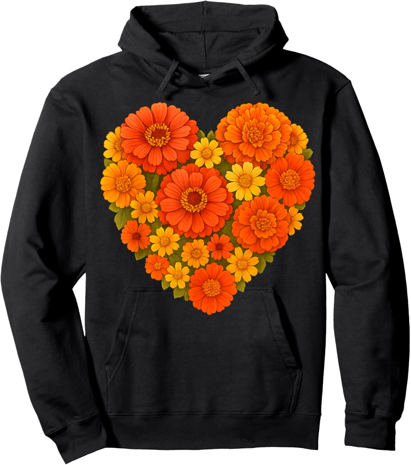 Heart Shaped Orange Yellow Marigold Zinnia Bouquet Botanical Hoodie - Hoodie | Black