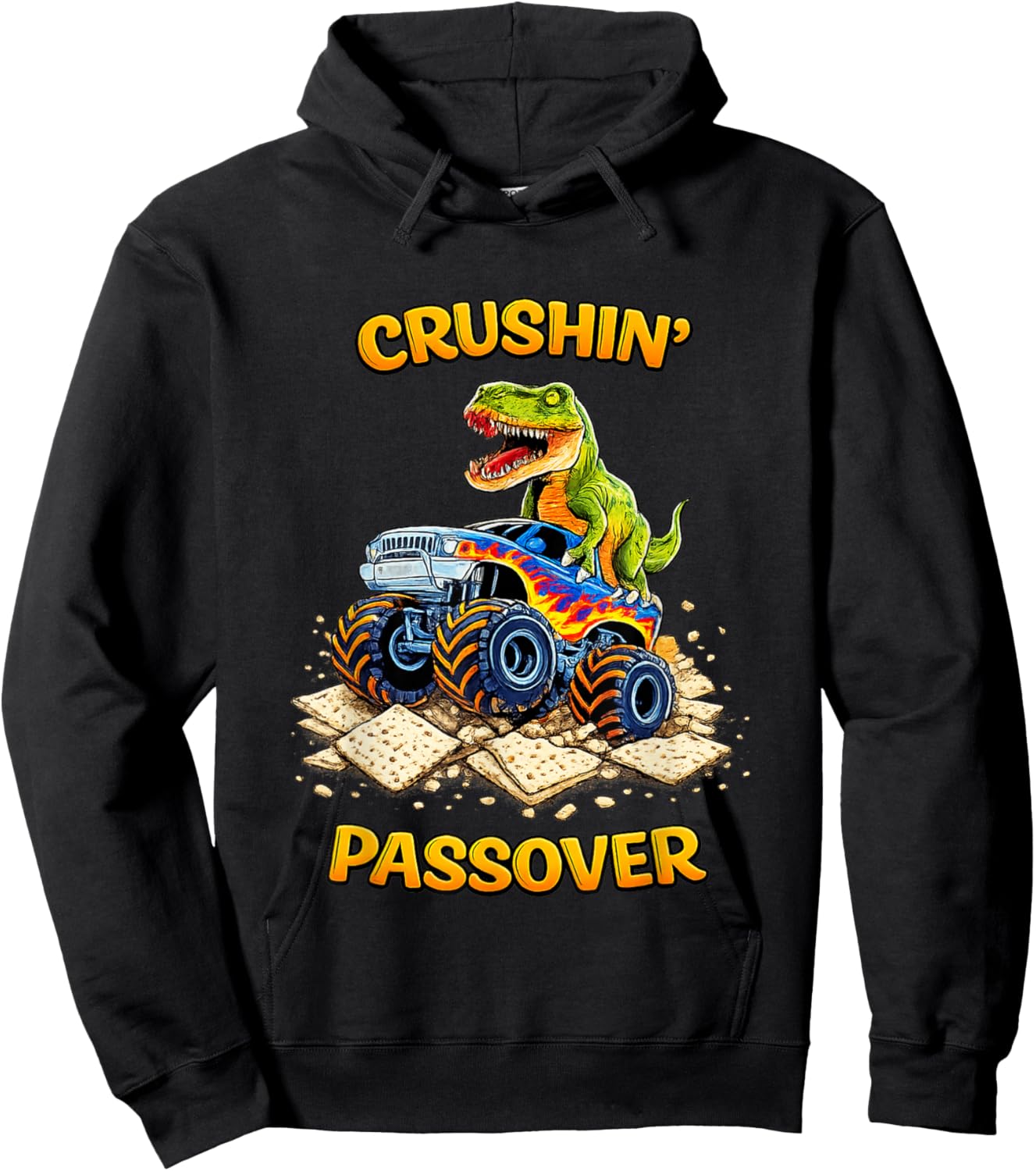 Funny Pesach Crushin' Passover Dinosaur Monster Truck Matzah Hoodie - Hoodie | Black